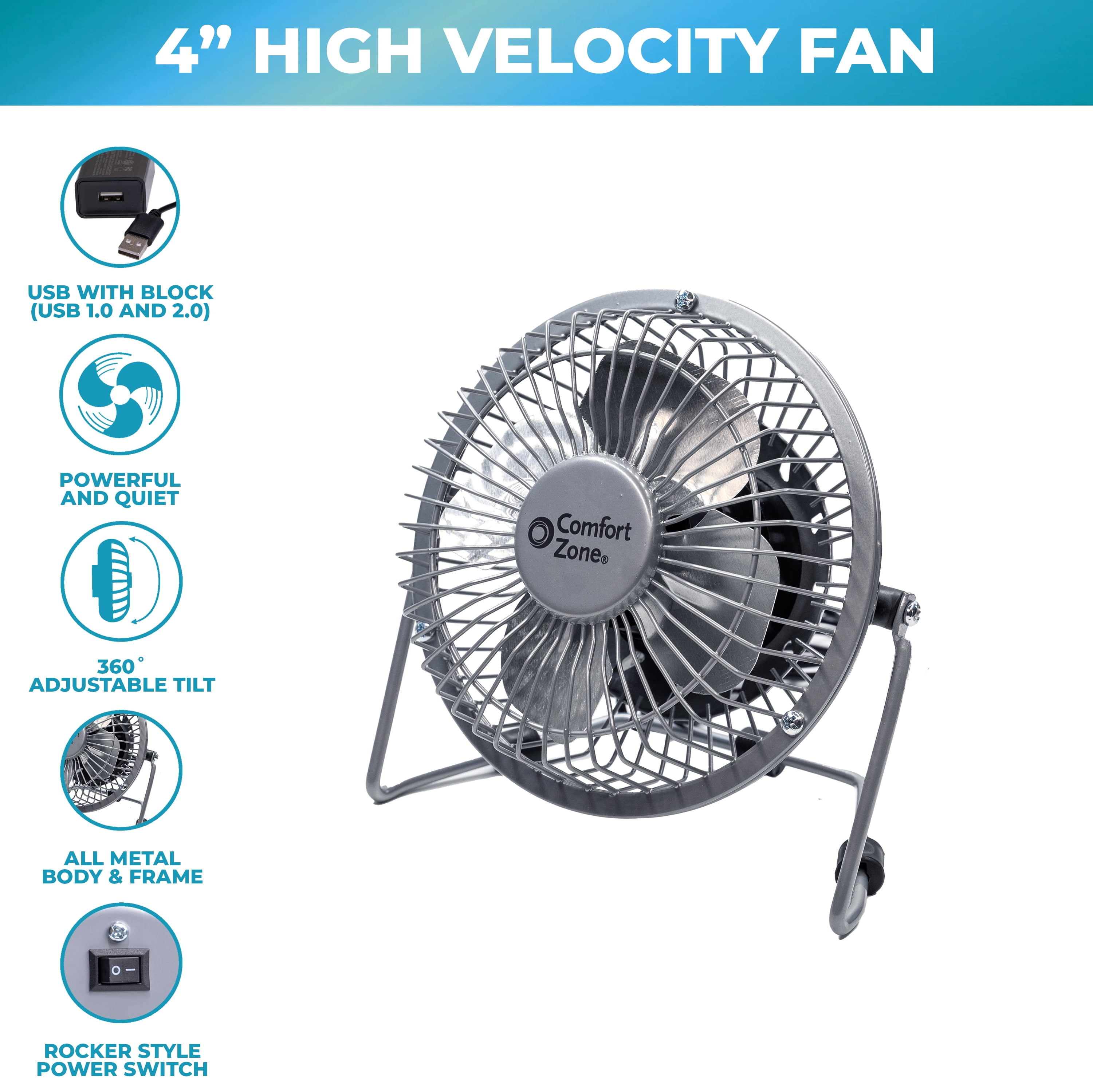 Comfort Zone 4 in Mini Portable Desk Fan, All-Metal, 360-Degree Adjustable Tilt, Dual Powered (Silver, 4 in) xp819