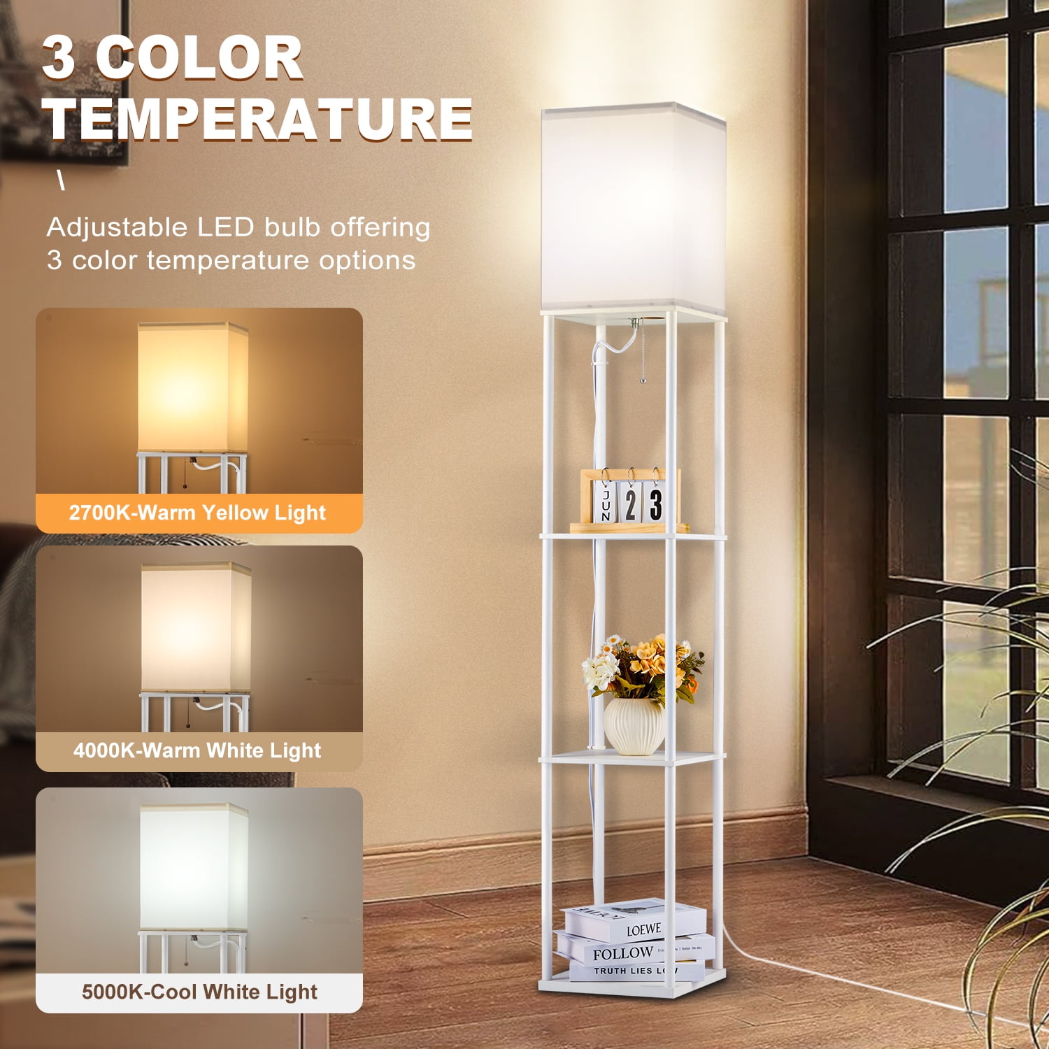 Vesteel Floor Lamp with Shelves, Modern Standing Lamp with 3-Color Adjustable LED Bulb (Black, 63 in) ef831