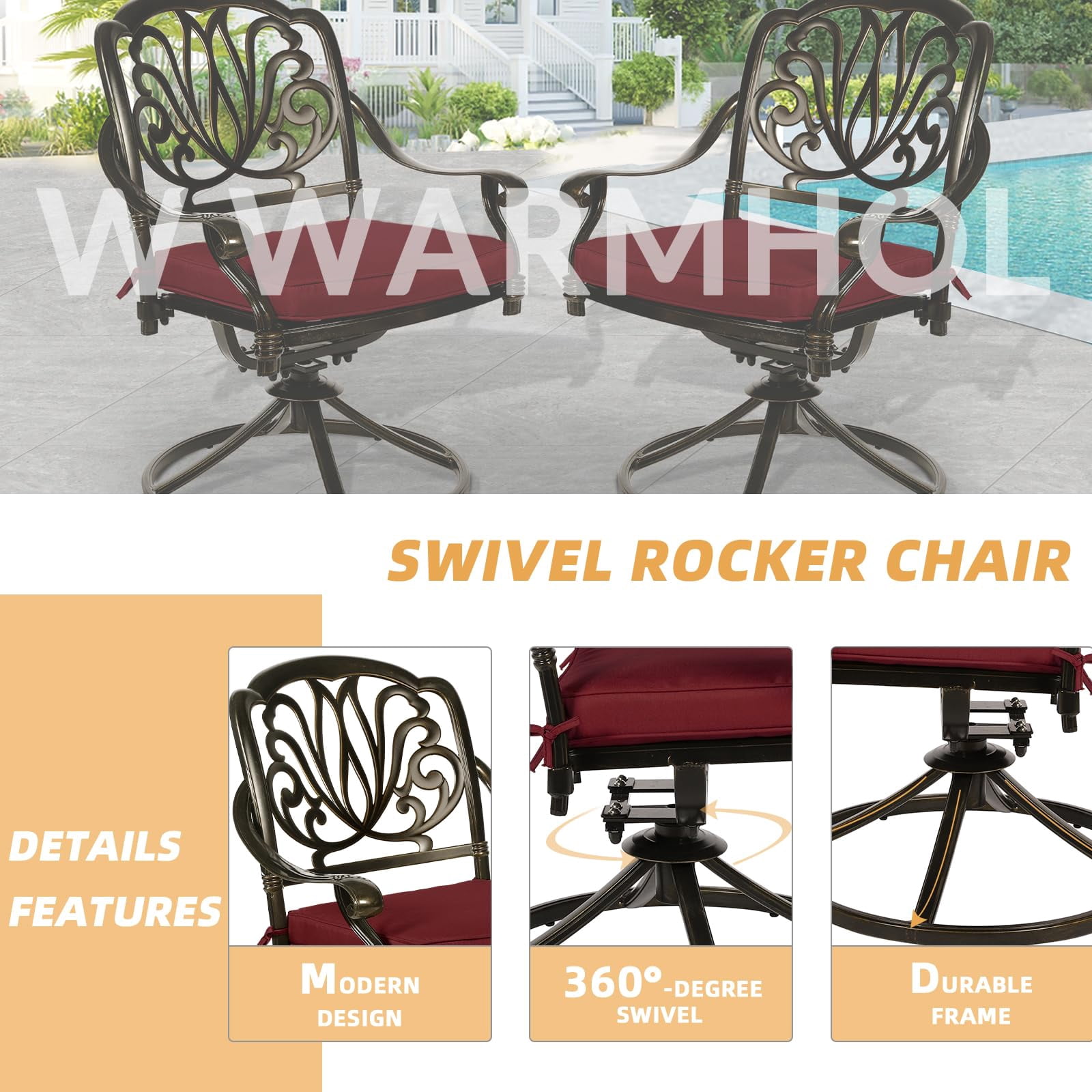 W WARMHOL 9-Piece Patio Dining Set, Cast Aluminum Outdoor Table and Chair Set with Cushions (Red, 84 in) ywro9