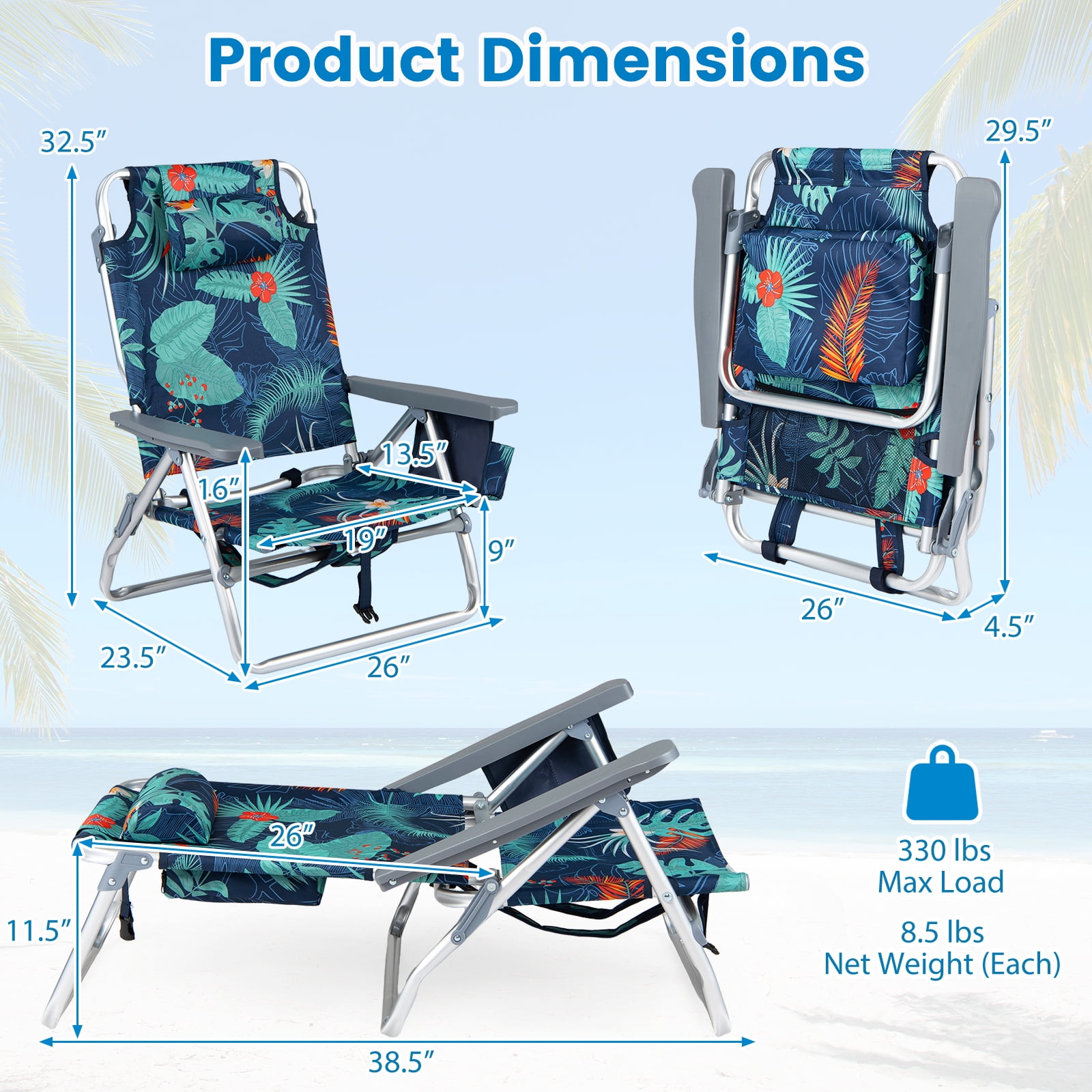Costway Folding Beach Chairs Set of 2 with 5-Position Adjustable Backrest and Cup Holder (Tropical Leaf, 2 Pack) 1fxak