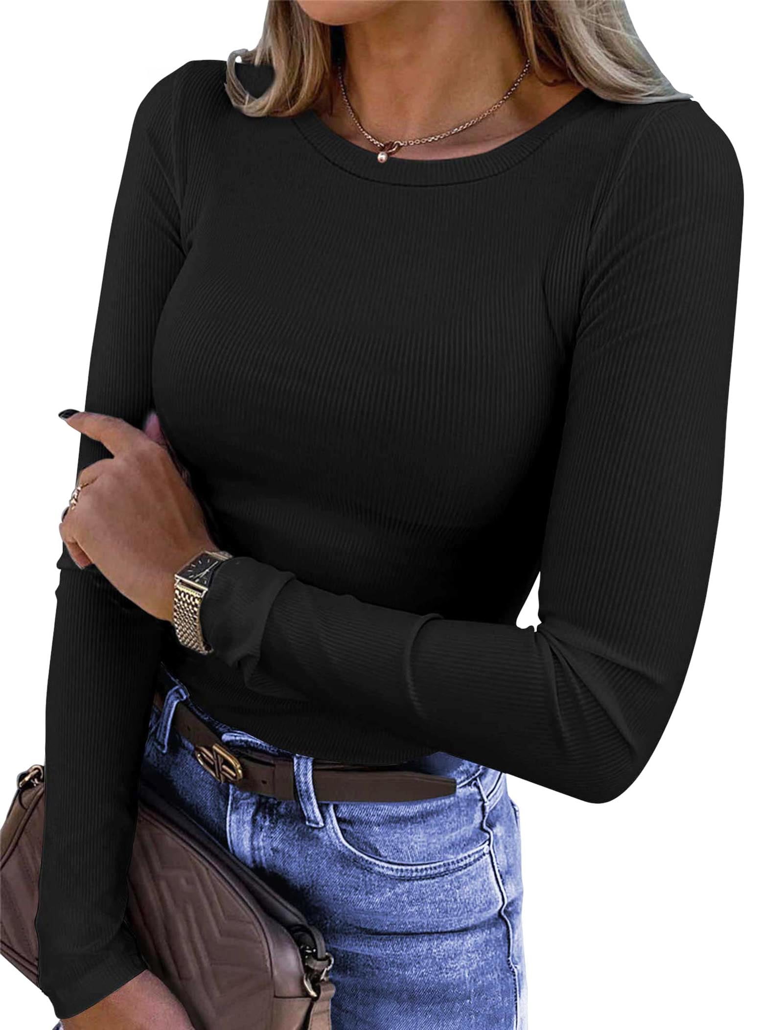 Fantaslook Women's Long Sleeve Crewneck Ribbed Knit Shirt Slim Fit Casual Basic Top (Black, L) 3wp51