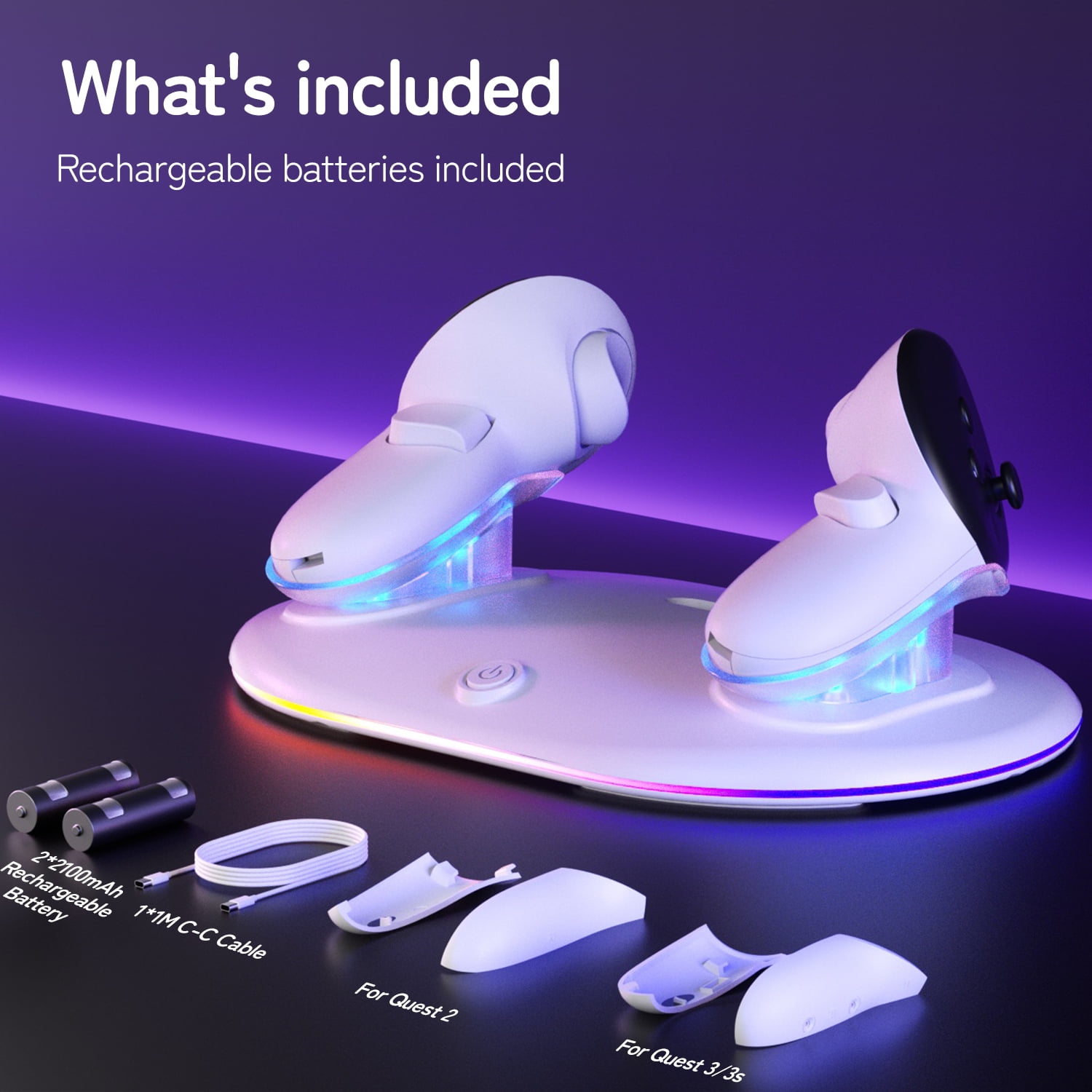 Prociv Magnetic Wireless Charging Dock for Meta Quest 3S/3/2 Controllers (White, 2 Rechargeable Batteries) rb2rr