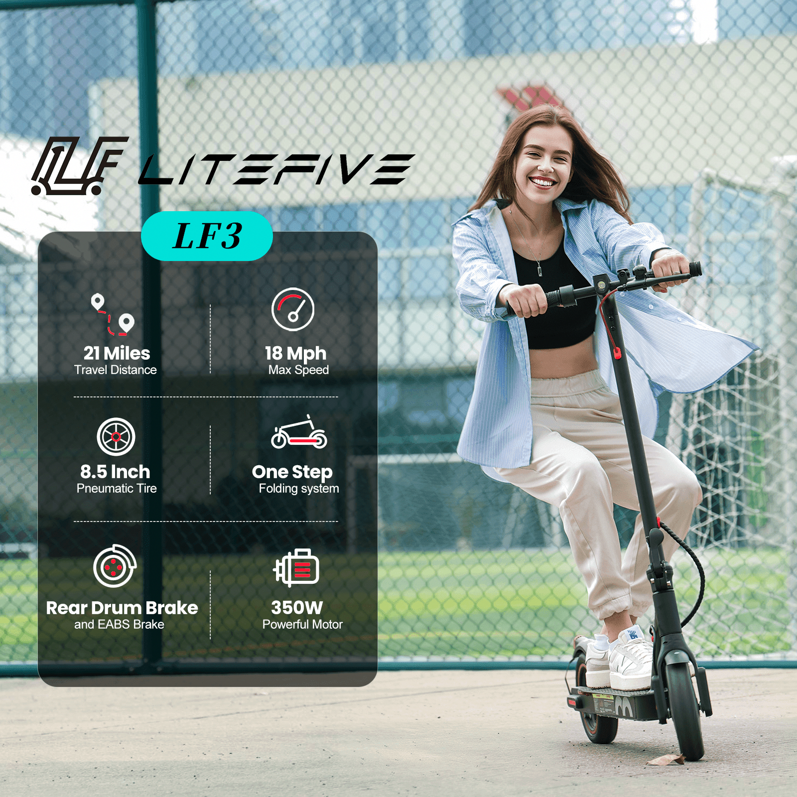 LiteFive LF3 Electric Scooter for Adults, Portable Foldable Commuter E-Scooter with 350W Motor (Black, 26 lb) f8jus