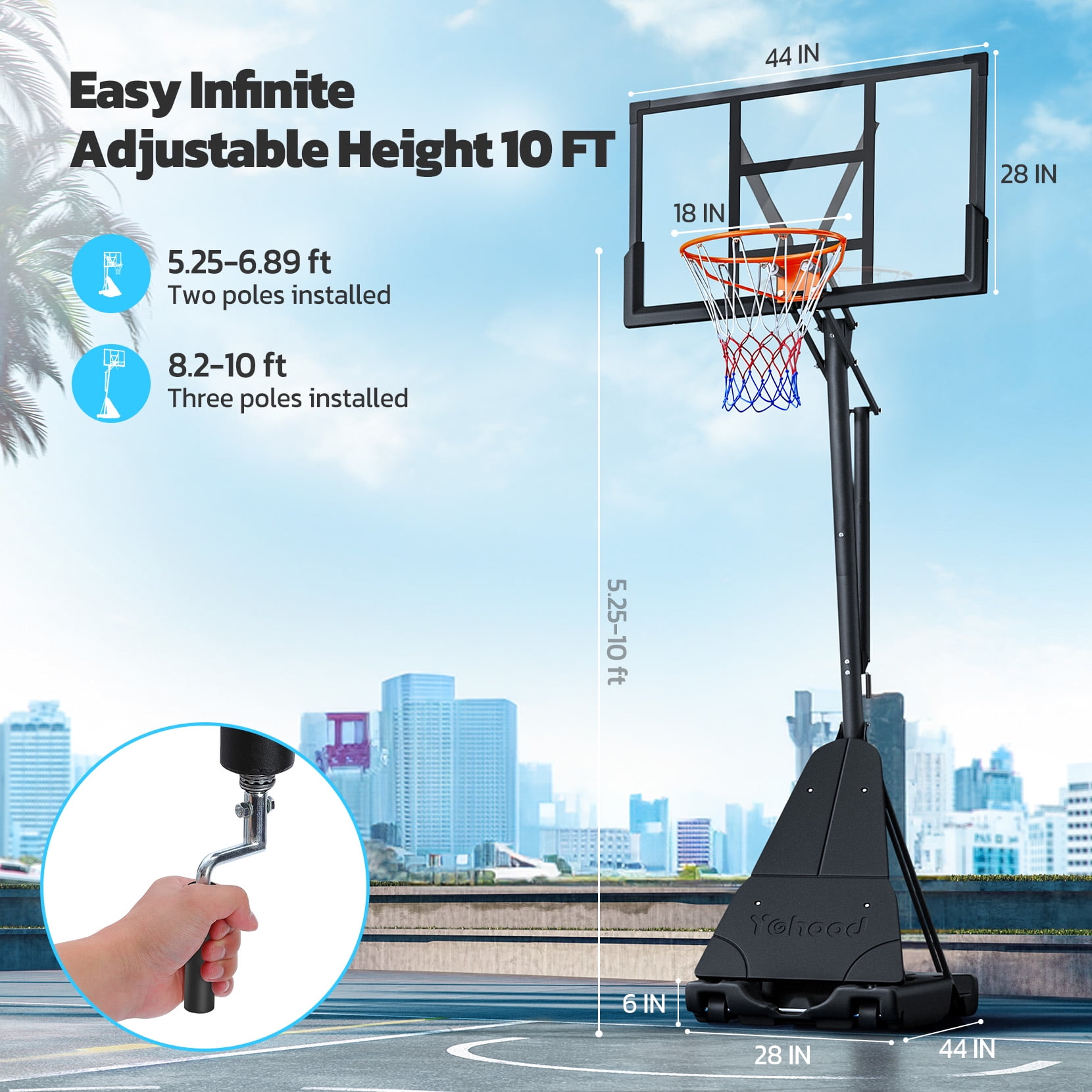 TONBUX Portable Basketball Hoop System, Adjustable Height 5.25 ft to 10 ft with 44 in PC Backboard (Black) 66qbh