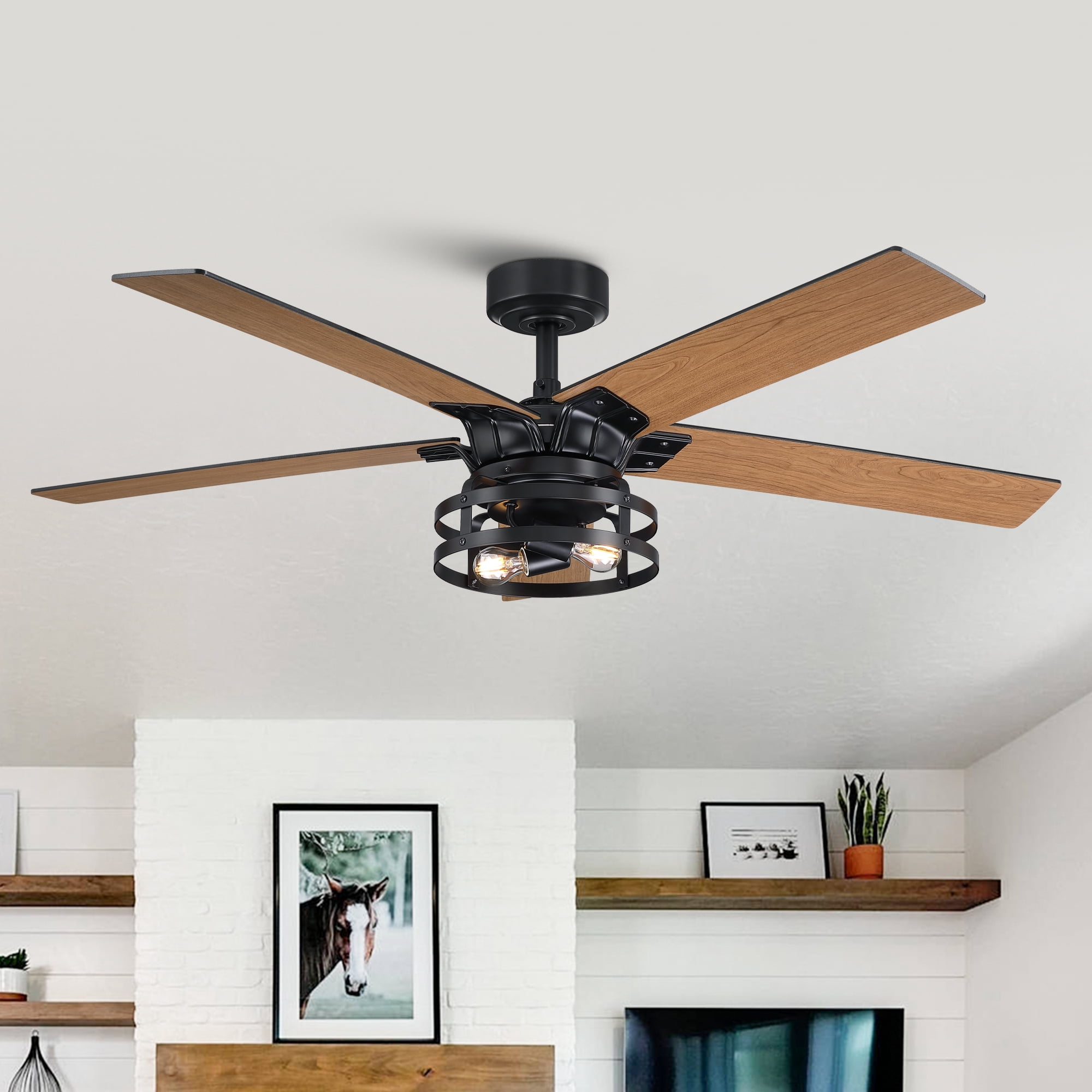 Parrot Uncle 52 in Farmhouse Caged Ceiling Fan with Remote and Light Kit (Black and Cherry, 52 in) lfe88