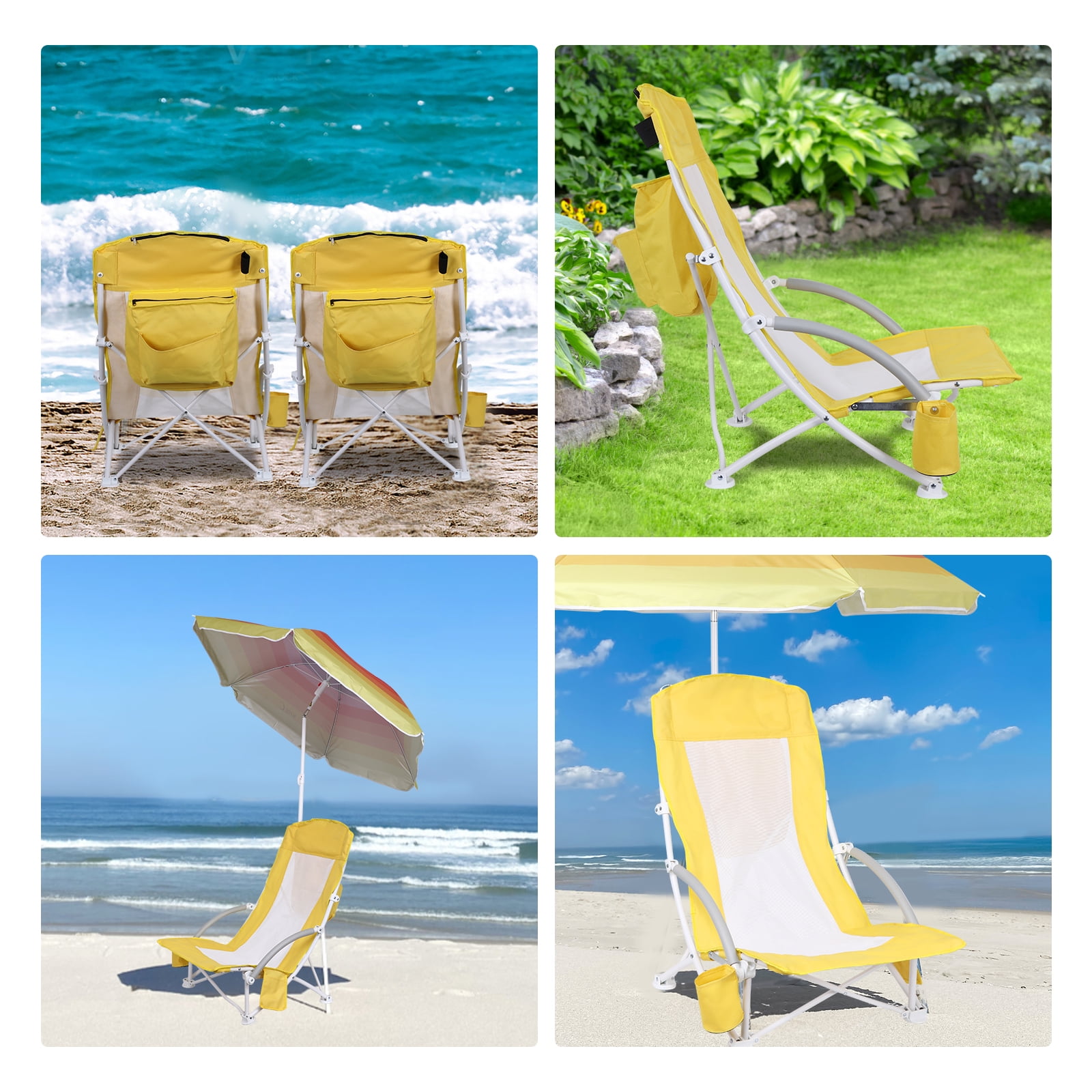 MUKE High Back Beach Chair with Cooler and Umbrella, Heavy Duty Folding Camping Chair for Outdoor Travel (Yellow, 1 Pack) fyqji