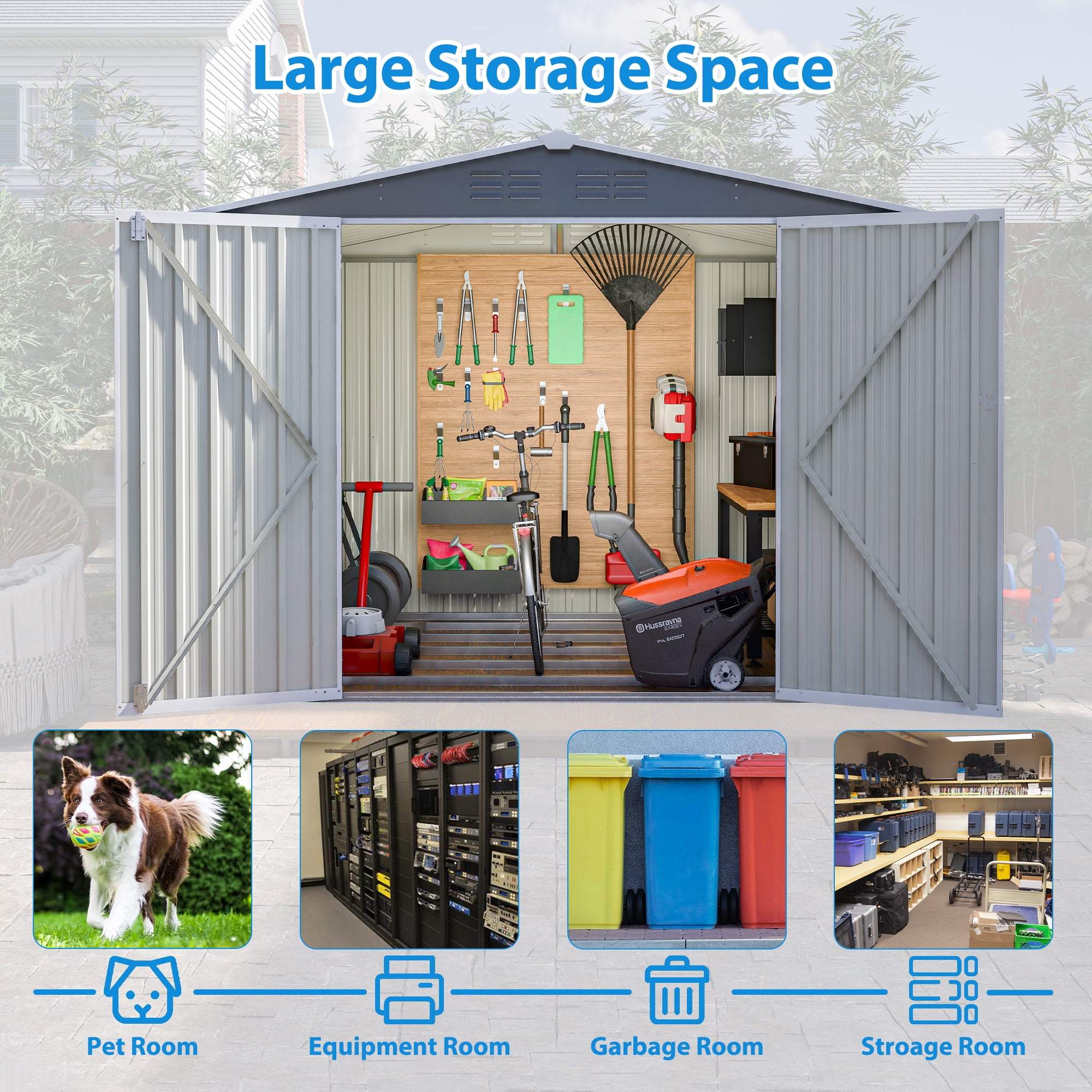 LIVIVOX Outdoor Garden Storage Shed with Lockable Doors and Air Vents (Grey, 8 x 6 ft) 131j3
