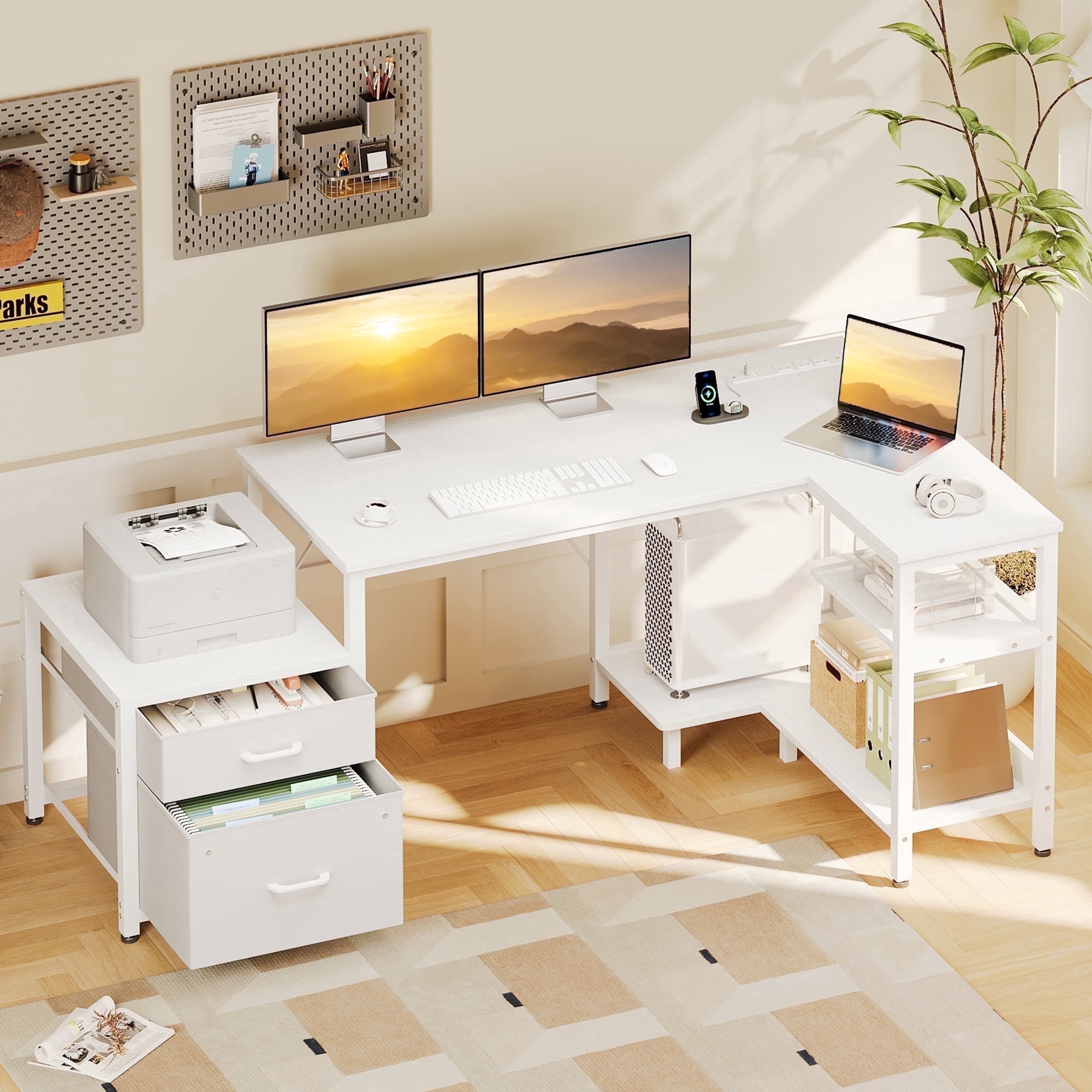 Casacomoda L-Shaped Computer Desk with Power Outlets, File Drawer, and Storage Shelves (White) cimfp