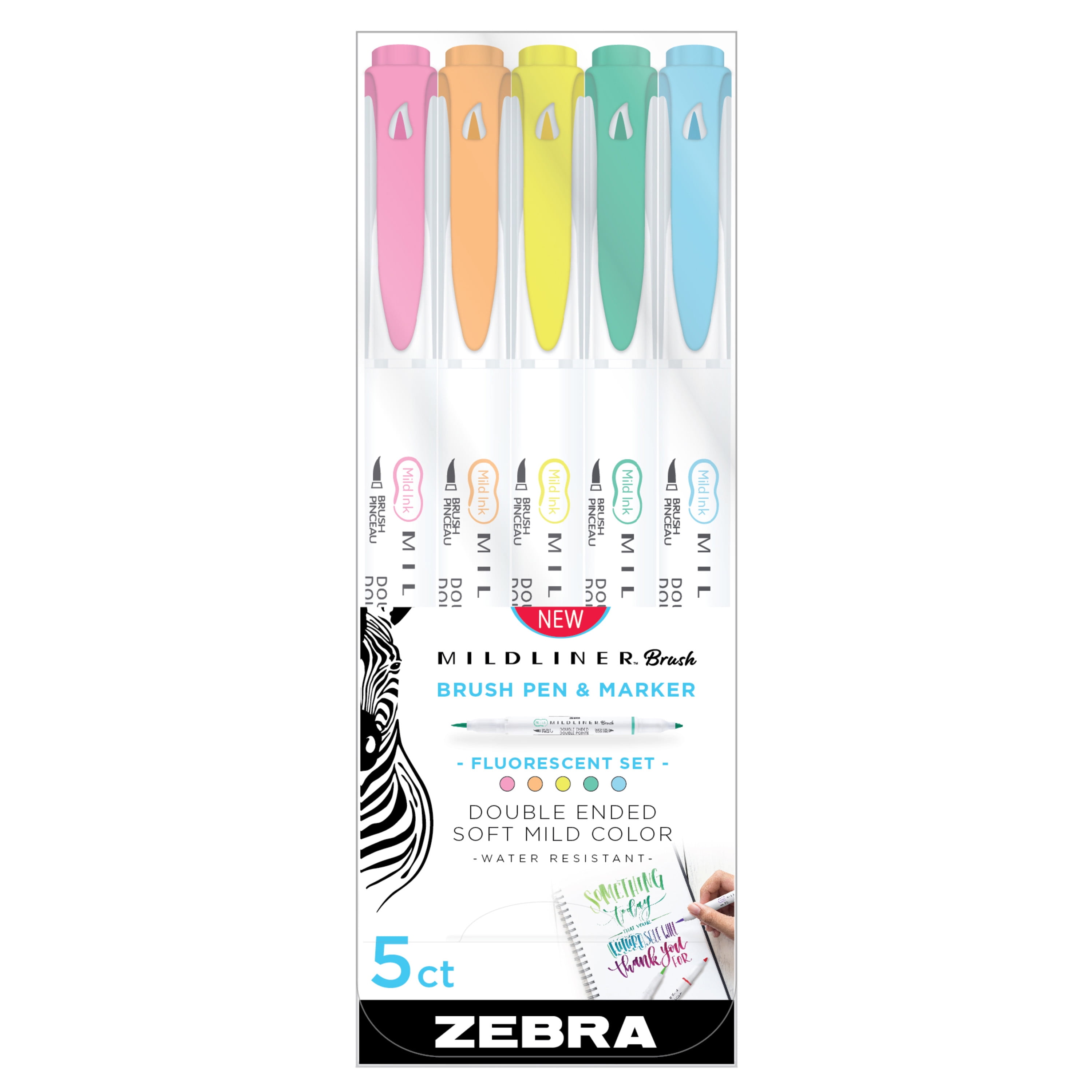 Zebra Mildliner Double-Ended Brush Pen Set, Fluorescent Highlighters, Creative Journaling Markers (Green, 5-Pack) um777