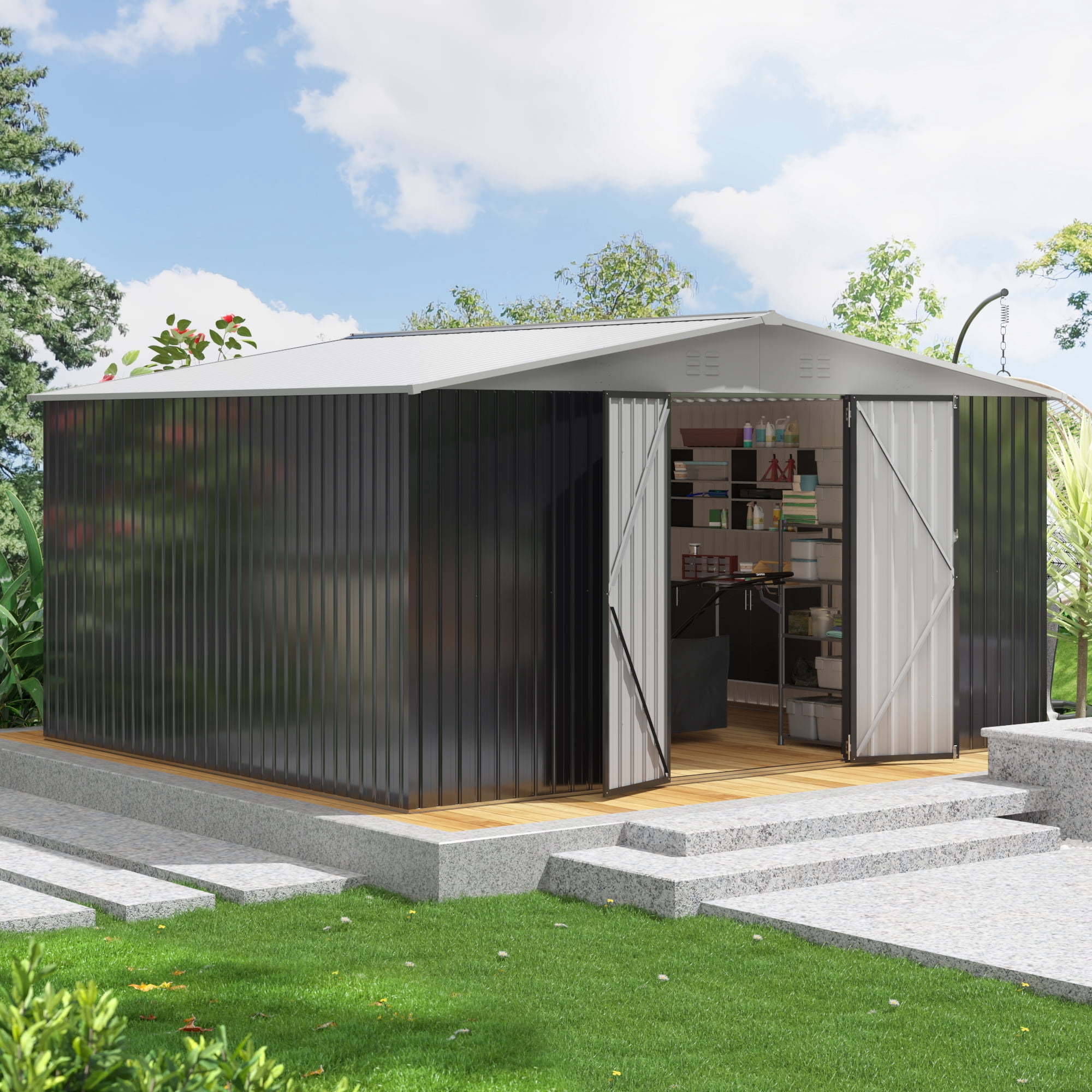 MUCHANT Outdoor Metal Storage Shed with Lockable Doors and Reinforced Frame (White, 12 ft x 14 ft) 9rvk2