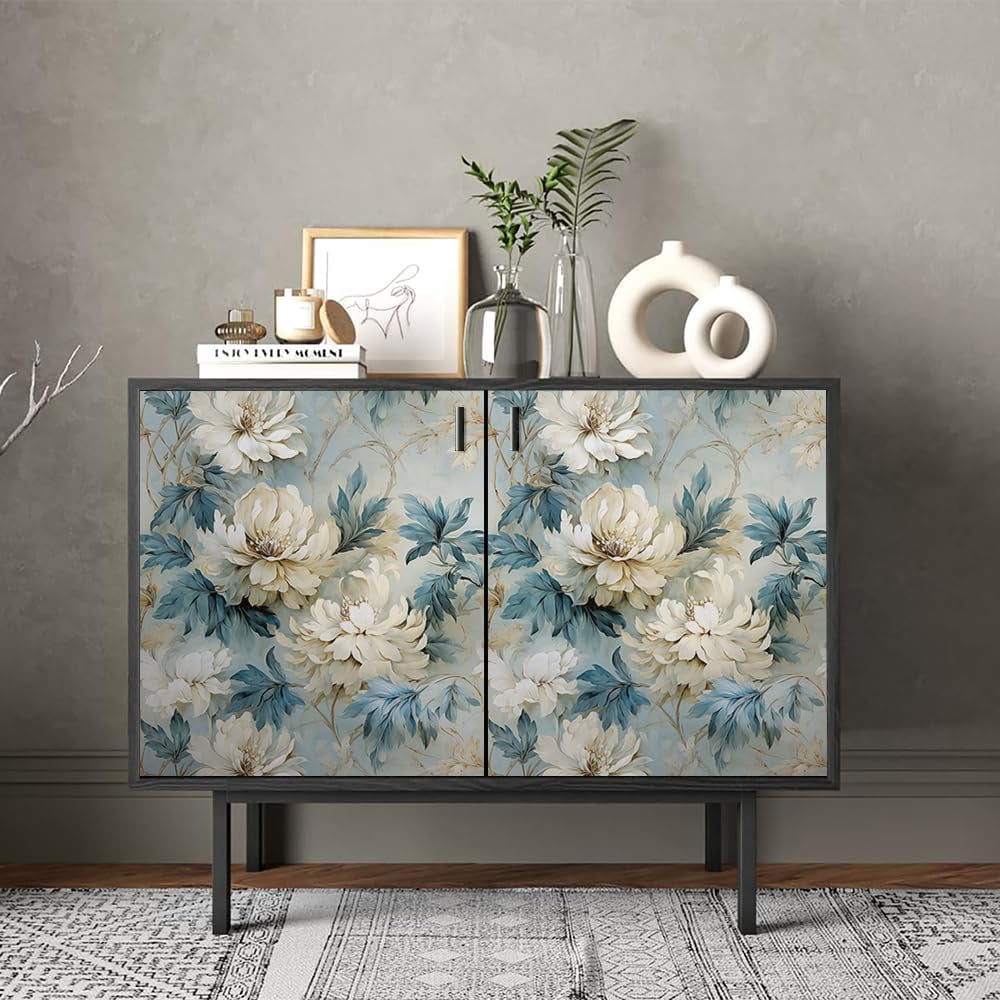 Usachibb Floral Peel and Stick Wallpaper Vintage Navy Botanical Contact Paper for Furniture and Walls (White, 17.7 in x 118.1 in) 80m28