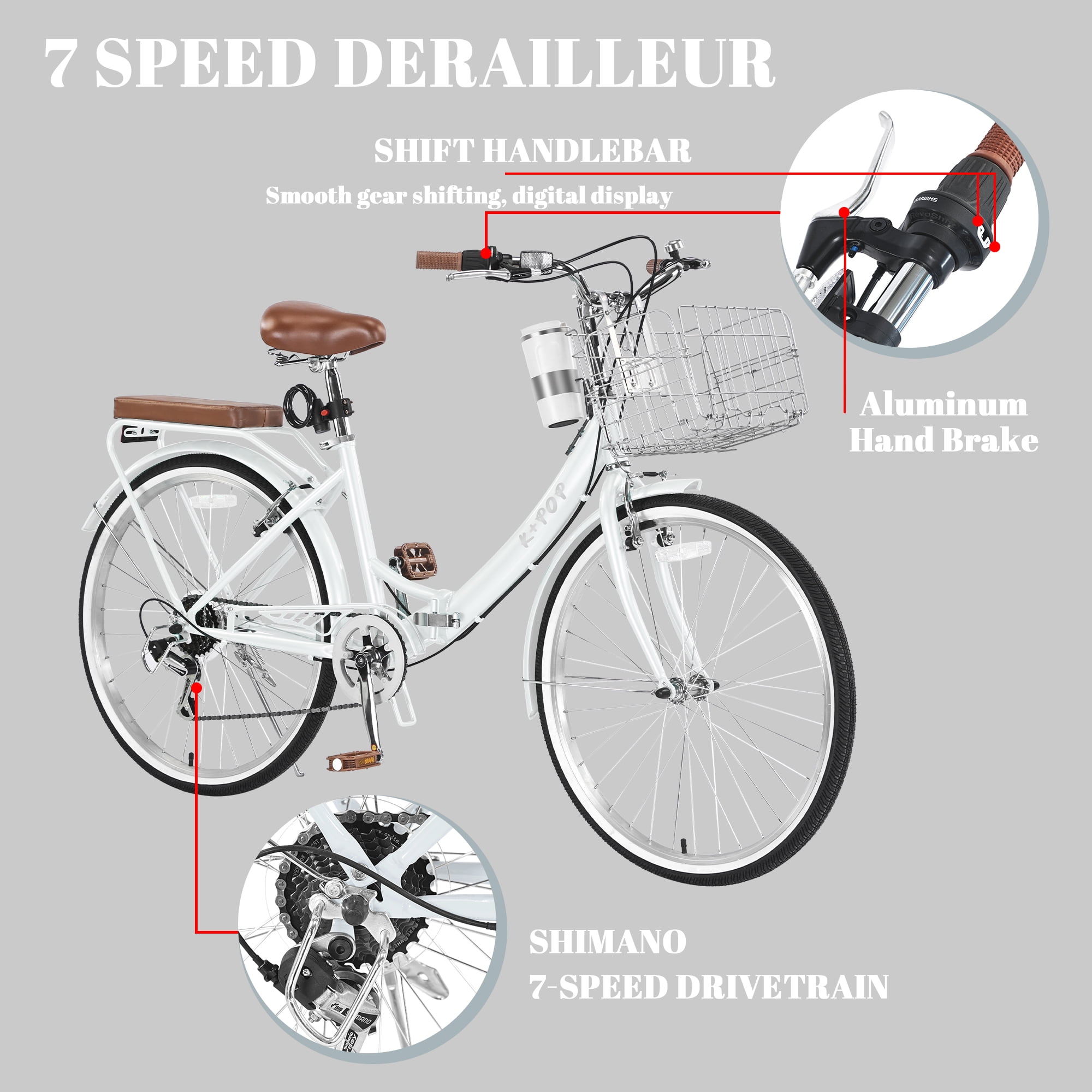 Bstjewey Folding Beach Cruiser Bicycle for Women, 7-Speed Commuter Bike (White, 26 in) azp2c