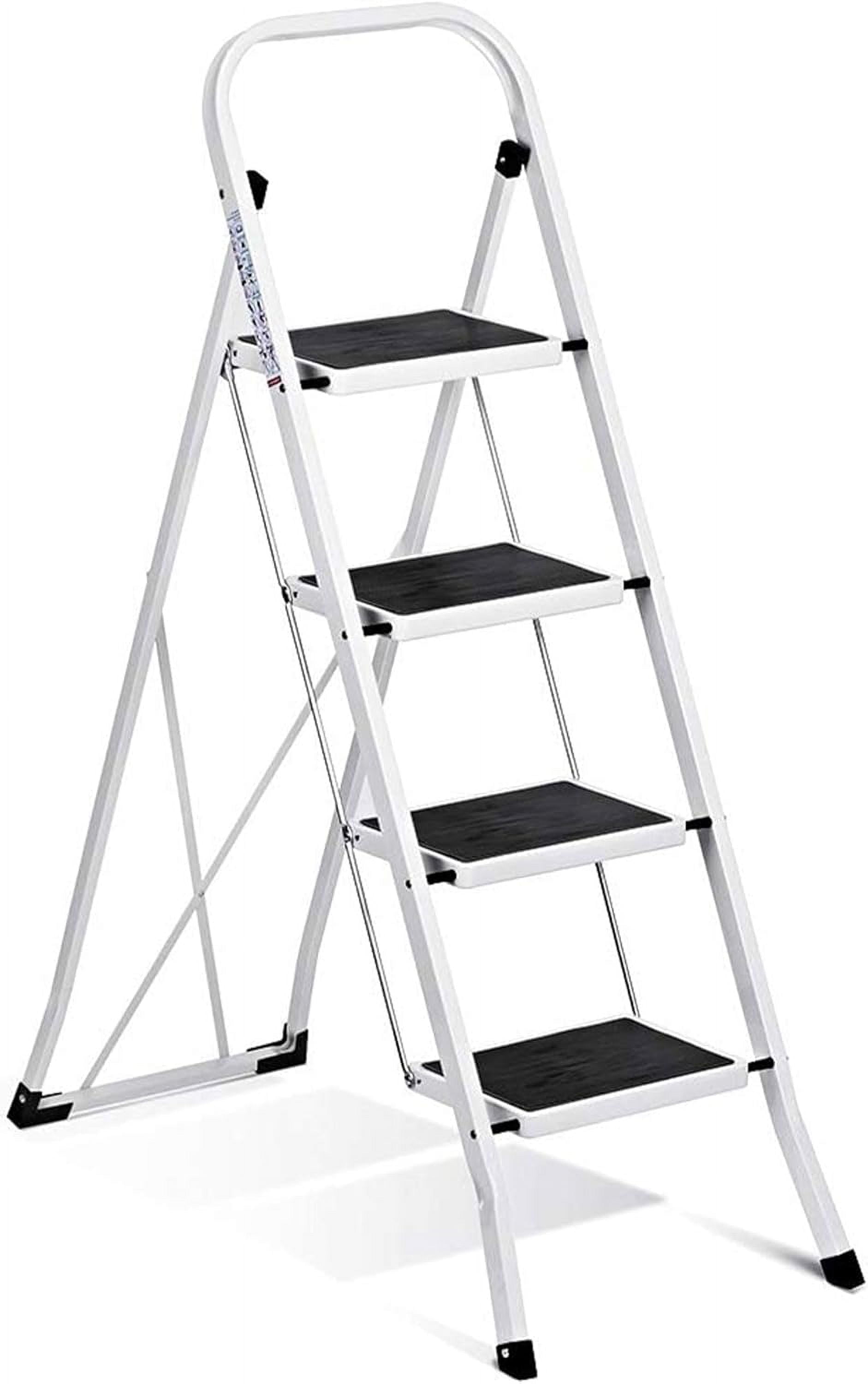 Upgo 4-Step Folding Ladder, Heavy-Duty Portable Step Stool with Anti-Slip Pedals and Safety Handrail (White, 330 lb Capacity) zf6re