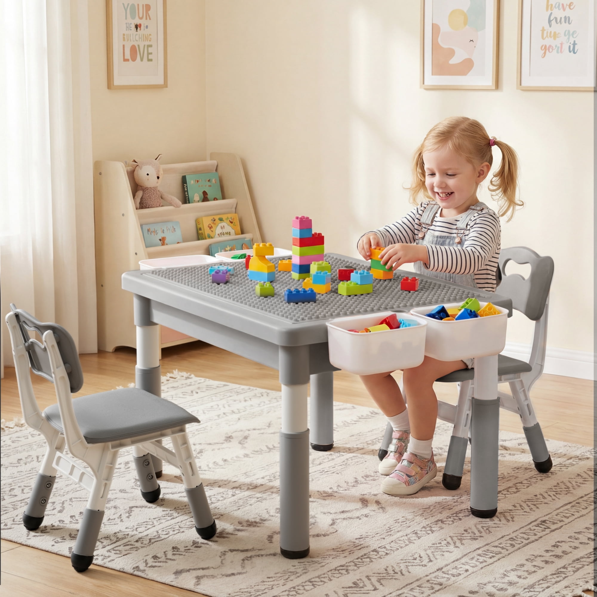 AILEEKISS Kids Activity Table and Chair Set, Building Block Play Desk with Storage (Grey) olmnm