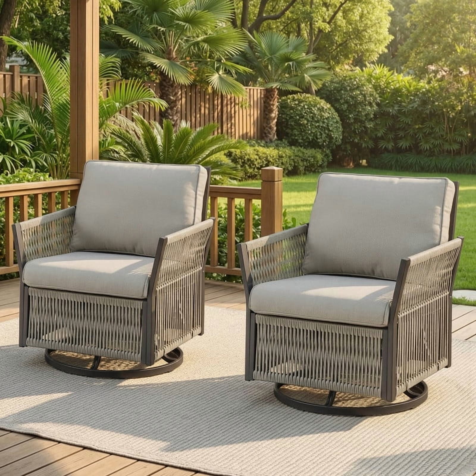 Opohoro Outdoor Swivel Rocking Chair Set, Wicker Patio Furniture with Cushions (Beige, 2-Piece Set) zq6ad