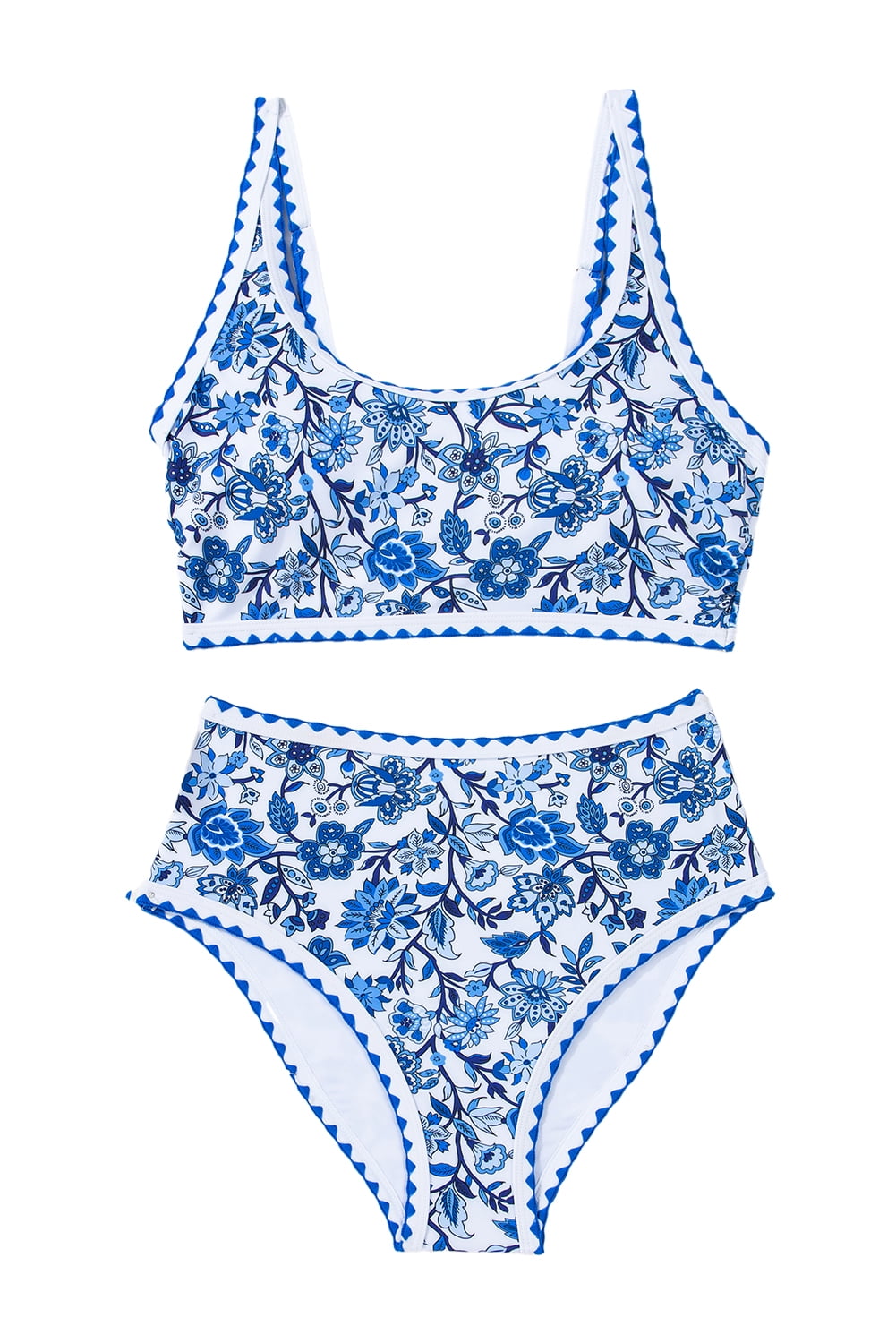 SHEWIN Women's High Waisted Bikini Set Floral Print Scoop Neck 2 Piece Swimsuit (Blue, Large) 64s7j