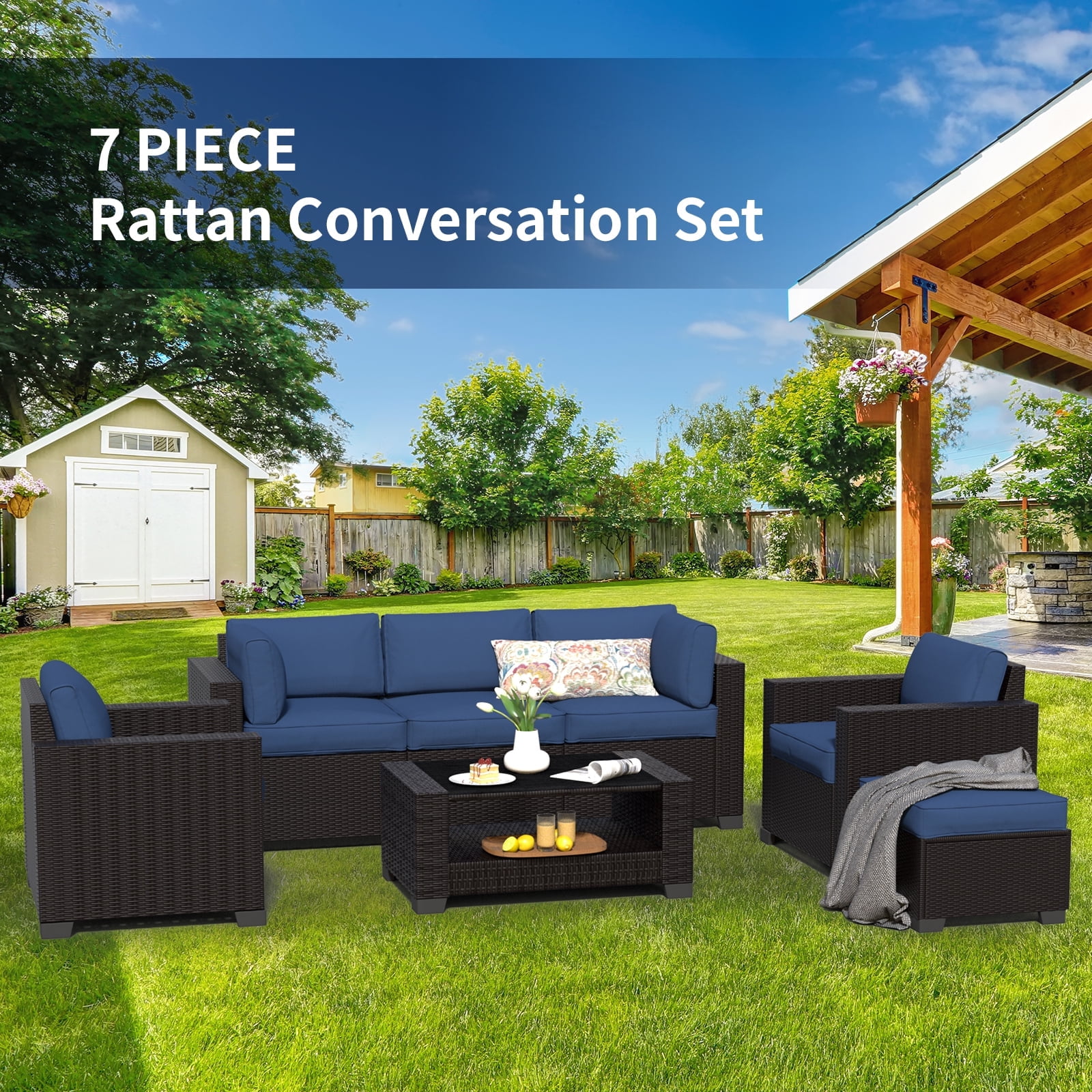 SHGJ&SOFT 7 Piece Patio Furniture Set, Wicker Outdoor Sectional Sofa with Tempered Glass Table (Black, 7 Piece Set) ej0jw