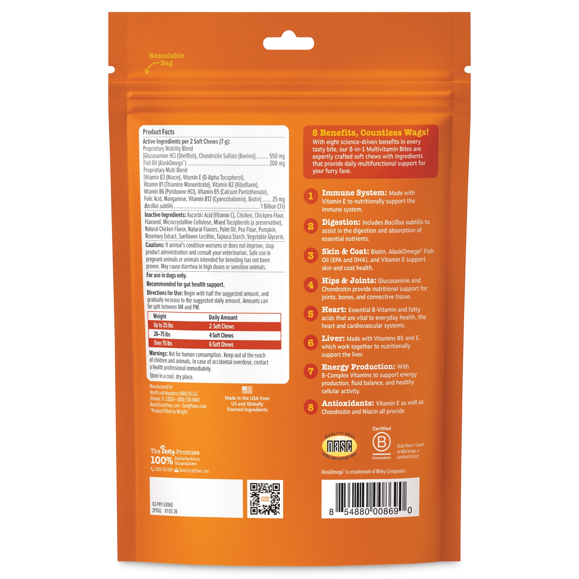 Zesty Paws 8-in-1 Multivitamin Bites Chicken Flavor Dog Supplement (60 Count) sgzp8