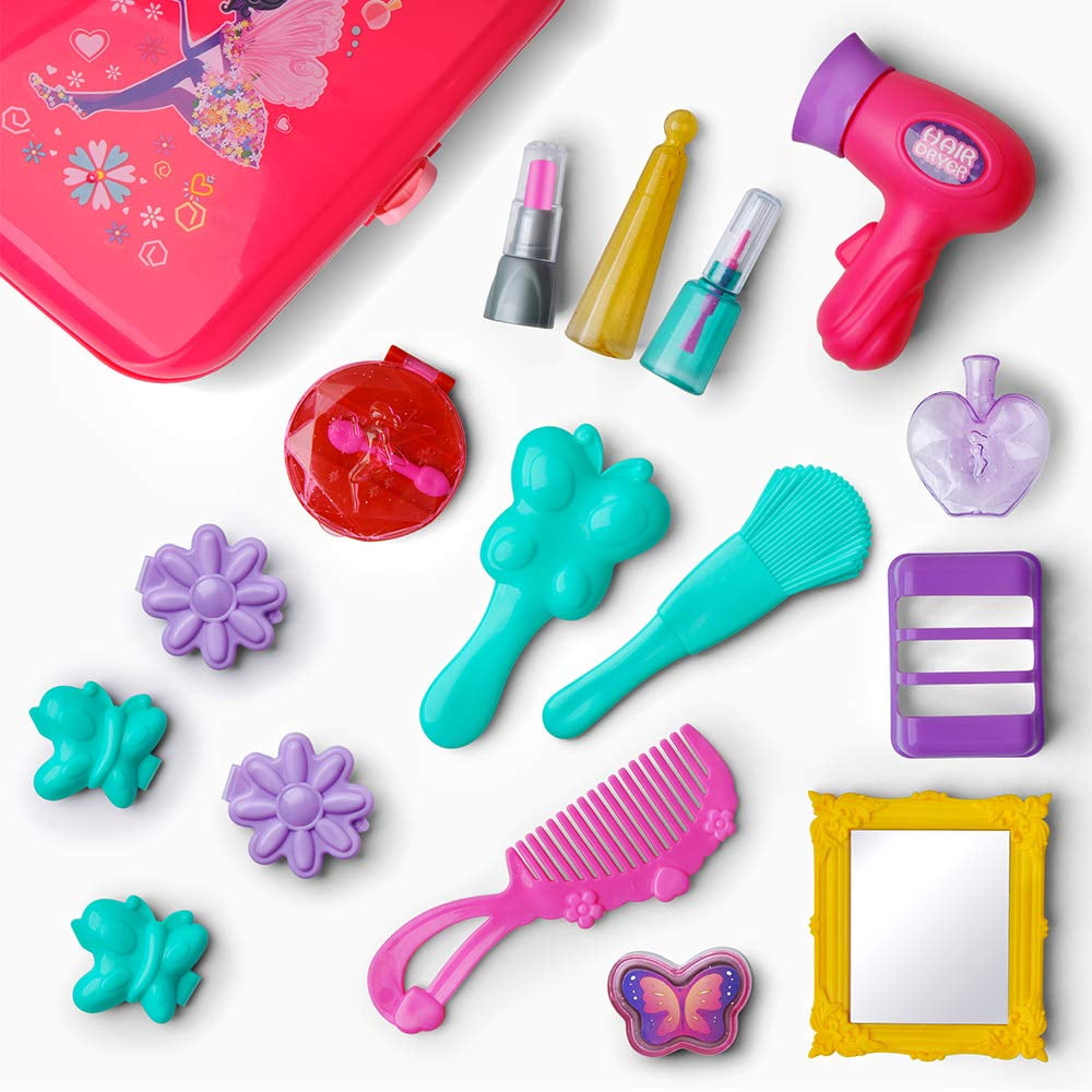 GLUAAE Pretend Play Makeup Set for Kids, Princess Beauty Salon Activity Kit with Portable Backpack (21 Pieces, 9.4 in x 7 in x 3.5 in) ag7a8