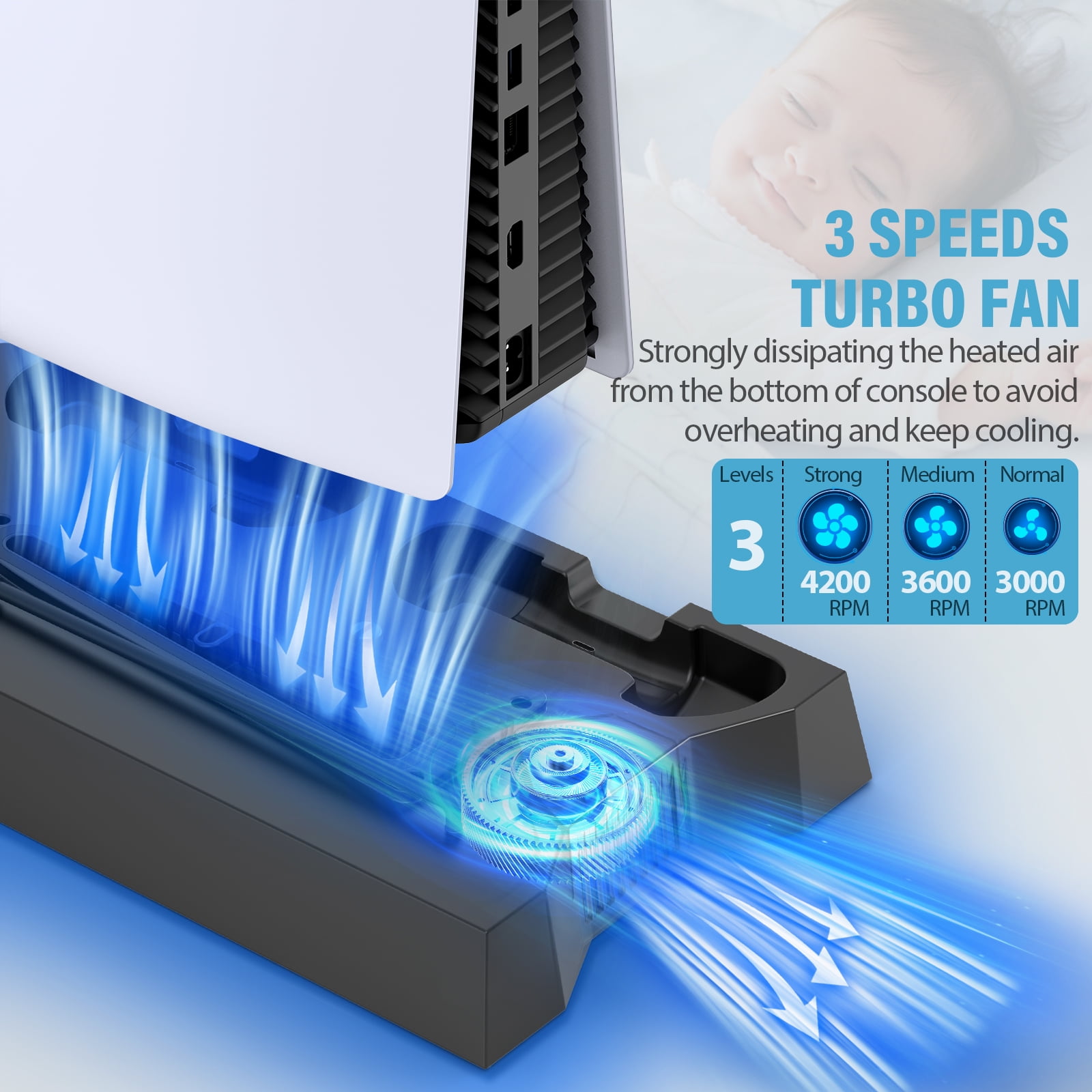 ZRZLMVP PS5 Cooling Stand with Dual Controller Charging Station and 3-Speed Fan (Black, 1 Pack) 2p95t
