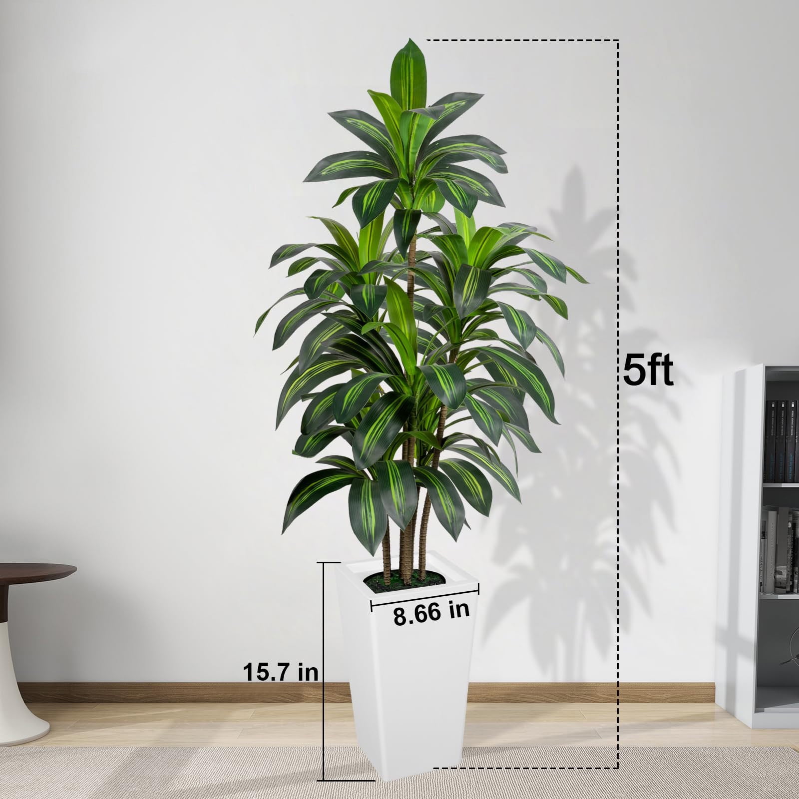 ROMSWI Artificial Dracaena Tree with Modern Square Planter (White, 5 ft) c4mt6