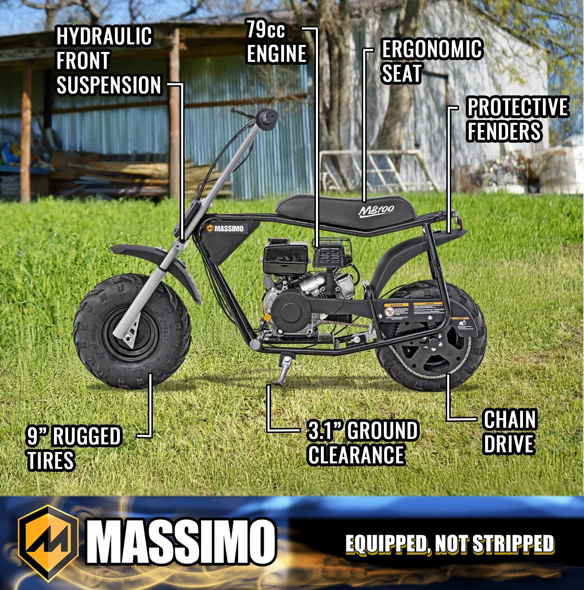 Massimo MB100 Minibike 79cc 2.5HP Gas Powered Off-Road Trail Bike (Black, 50 in x 24.2 in x 34.6 in) y0017