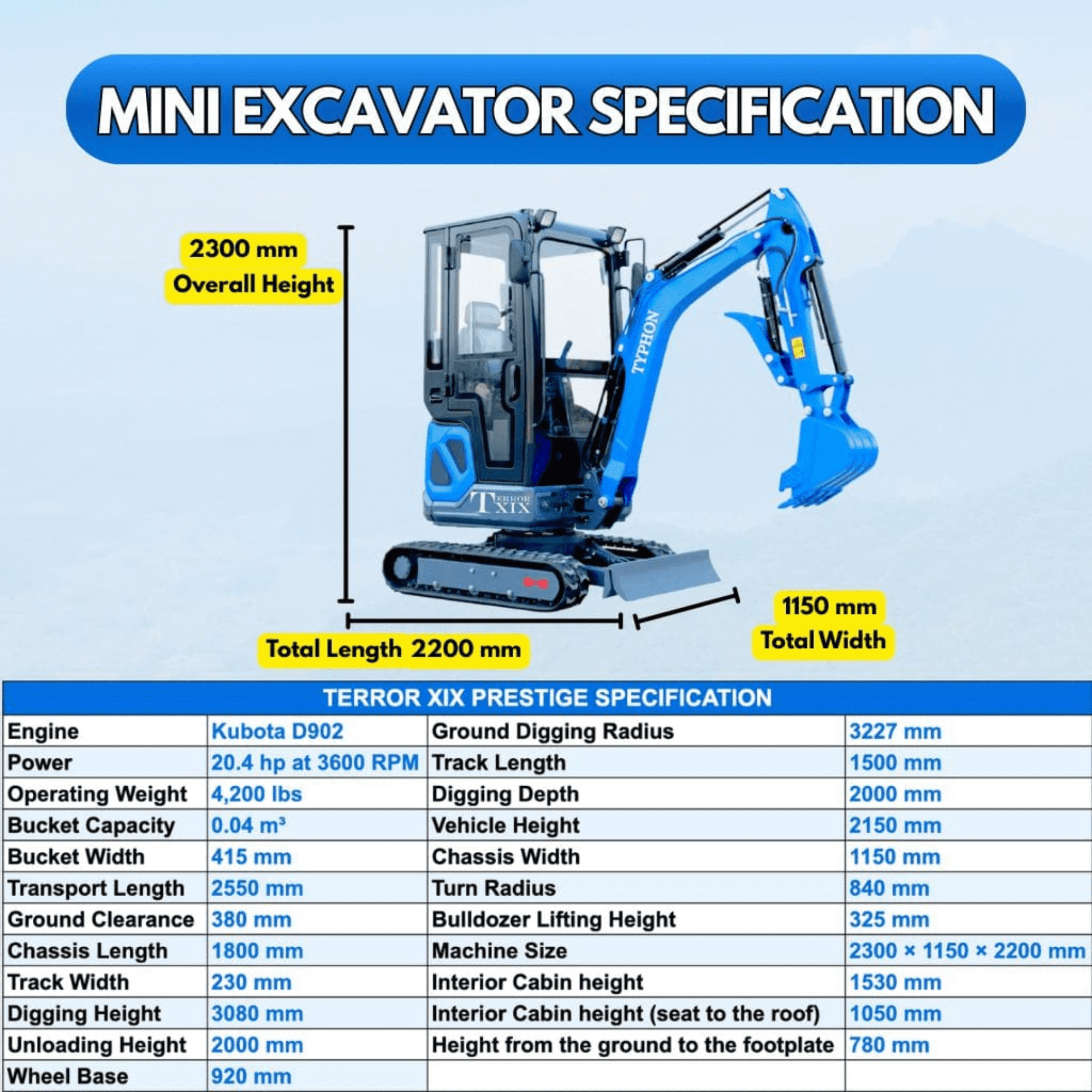 TYPHON Terror XIX Prestige Mini Excavator, Kubota D902 Engine, Retractable Tracks, A/C Cabin (Blue, 4200 lb) z1gue
