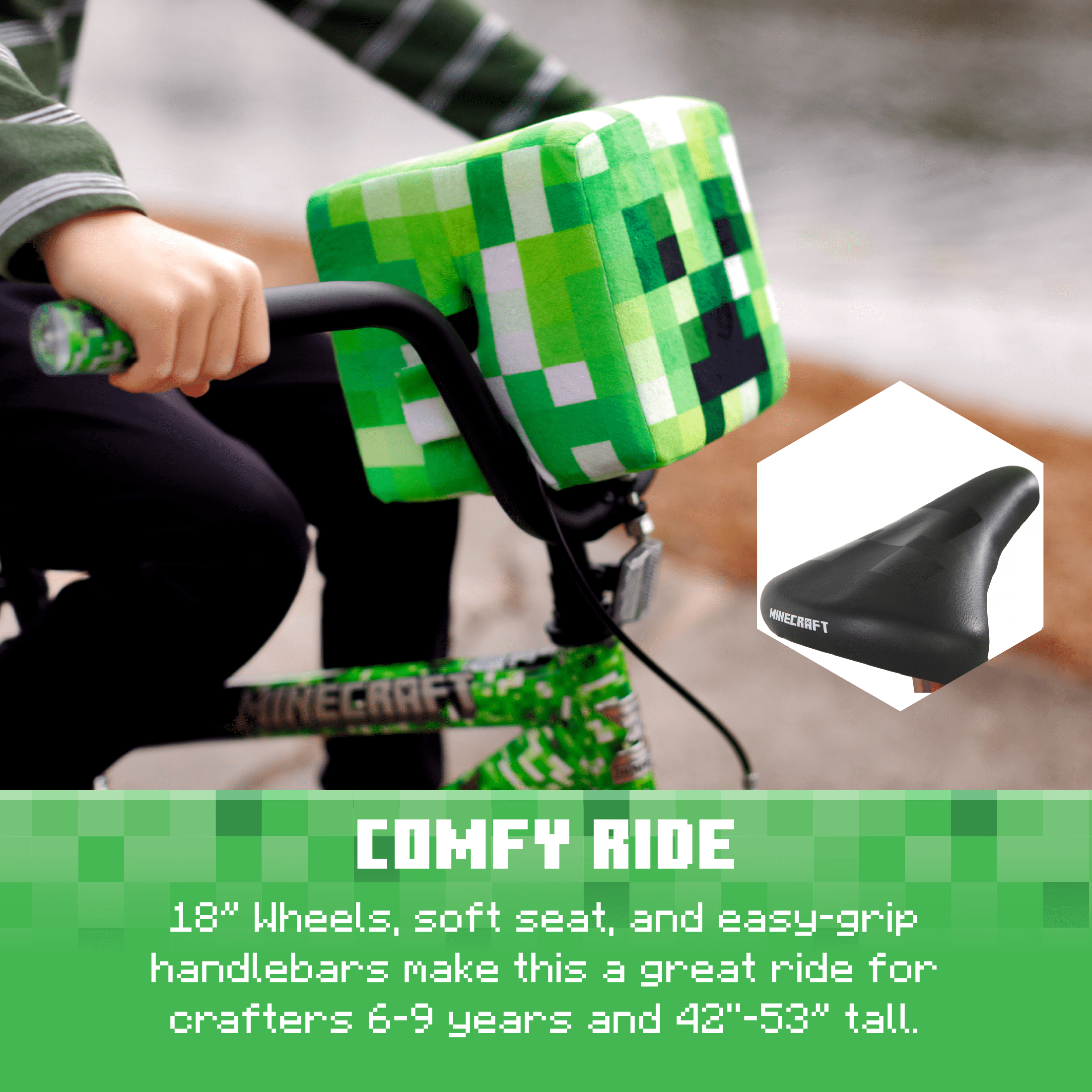 Dynacraft Minecraft BMX Bike for Kids, Durable Steel Frame with Creeper Handlebar Bag (Green, 18 in) y5uls