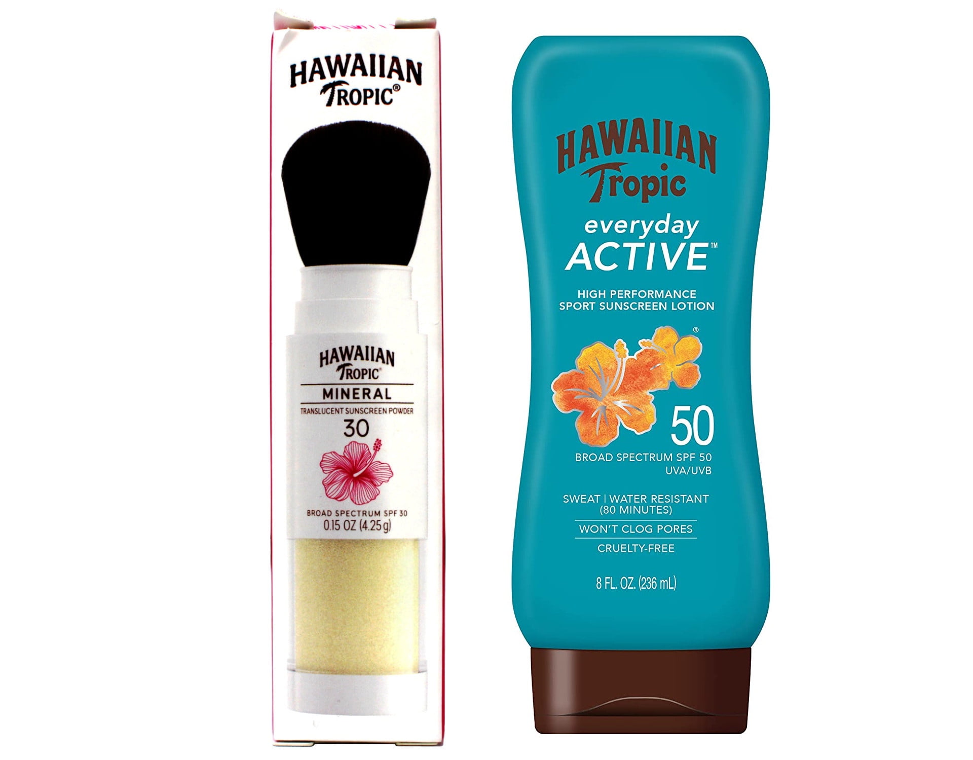 Hawaiian Tropic Mineral Sunscreen Powder Brush SPF 30 and Island Sport Lotion SPF 50 (0.15 oz, 8 fl oz) si5mi