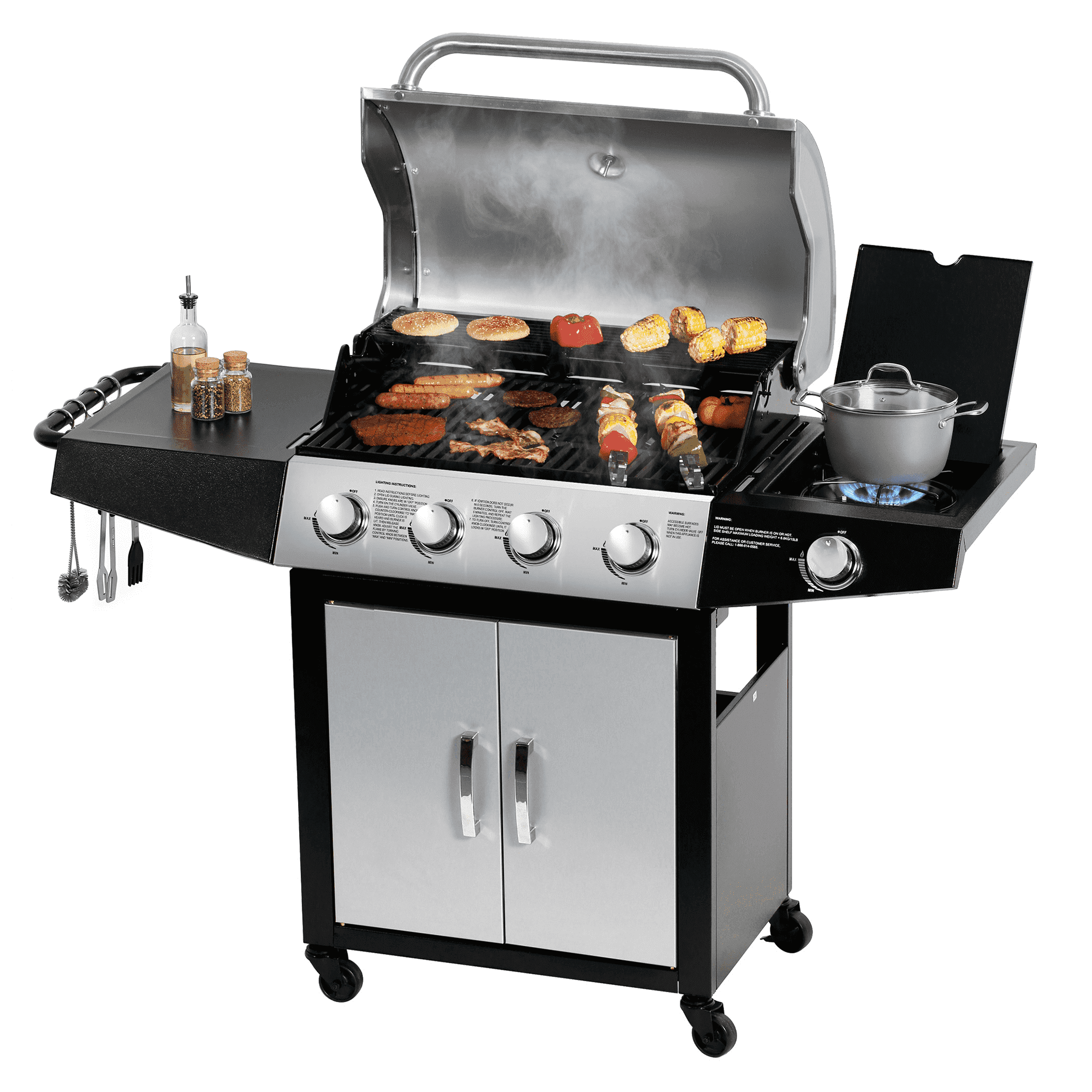 Master Cook 4+1 Burner Propane Gas Grill, Outdoor BBQ Station with Side Stove and Stainless Steel Lid (Silver, 518 Sqin) am193