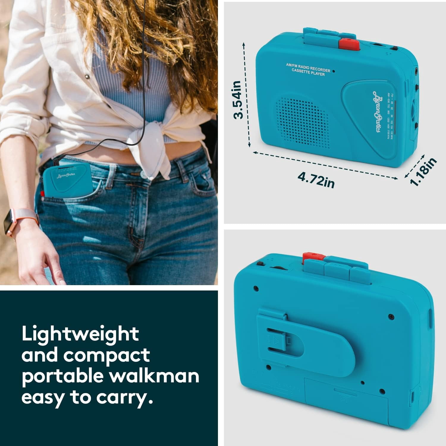 ByronStatics Portable Cassette Player and AM/FM Radio Recorder (Teal, 4.72 x 3.54 x 1.18 in) 3nth1