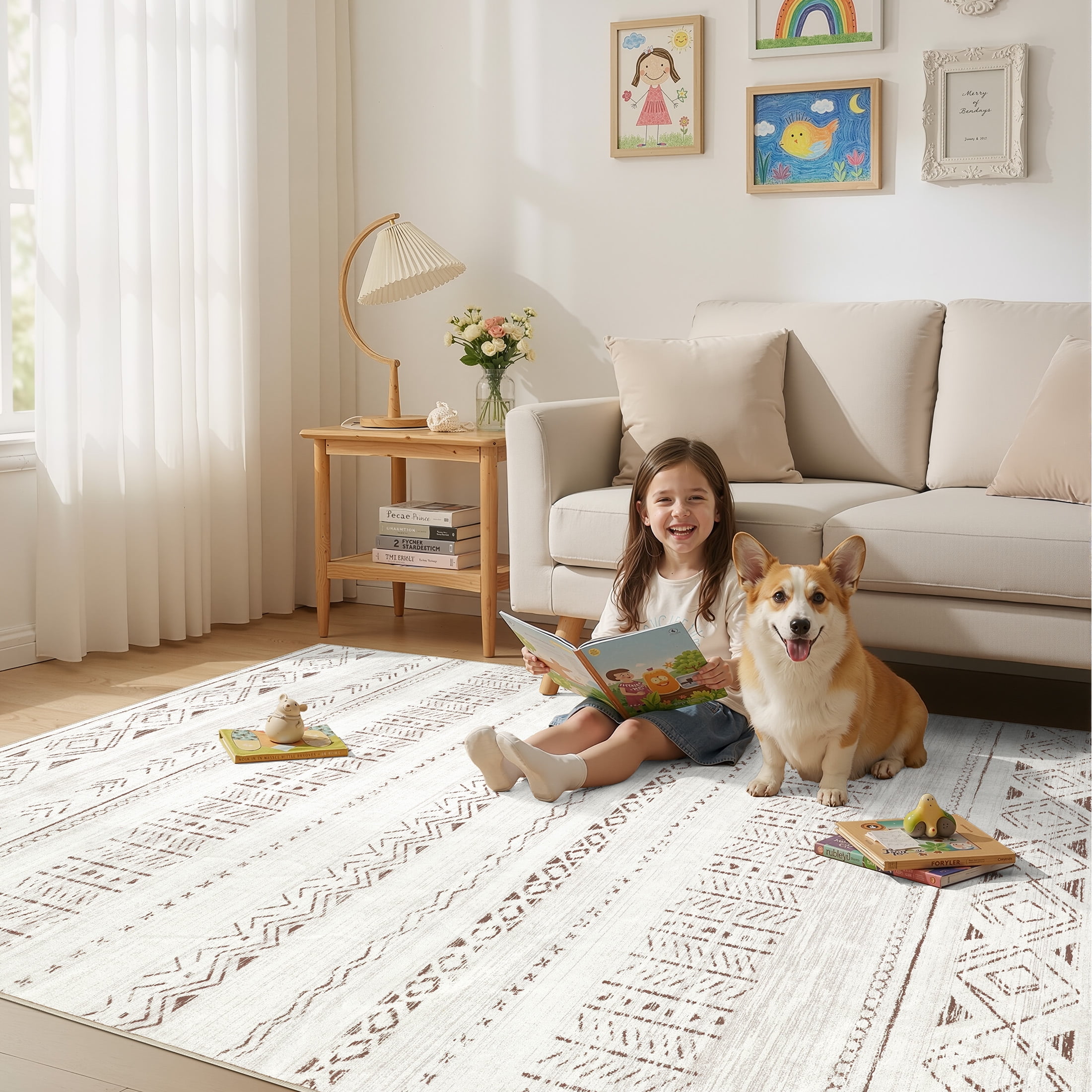 UERMEI Boho Moroccan Area Rug, Washable Geometric Distressed Indoor Carpet for Living Room and Bedroom (Brown, 5 ft x 7 ft) saexo