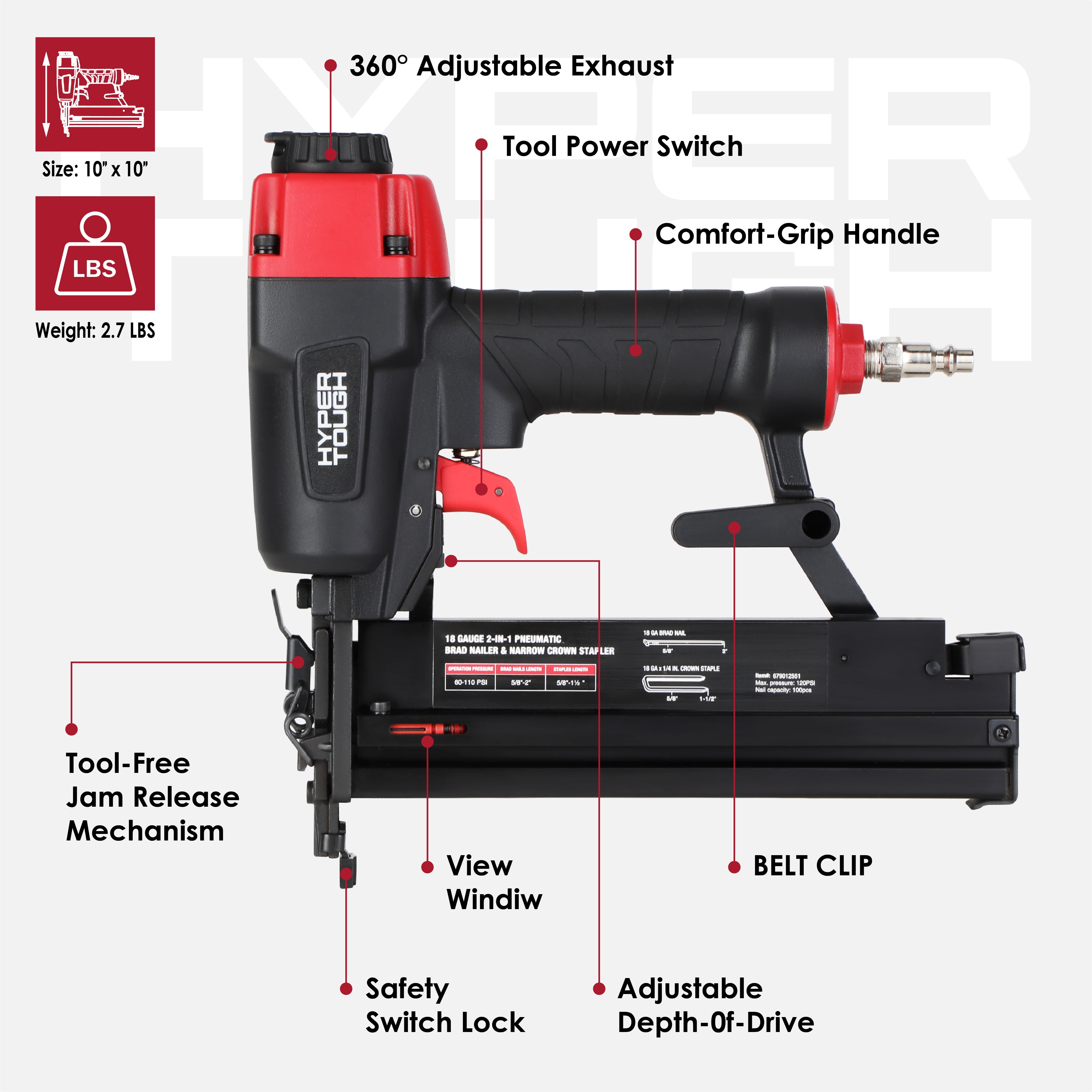Hyper Tough 18 Gauge 2-in-1 Pneumatic Brad Nailer and Narrow Crown Stapler (Red, 2 in) pips8