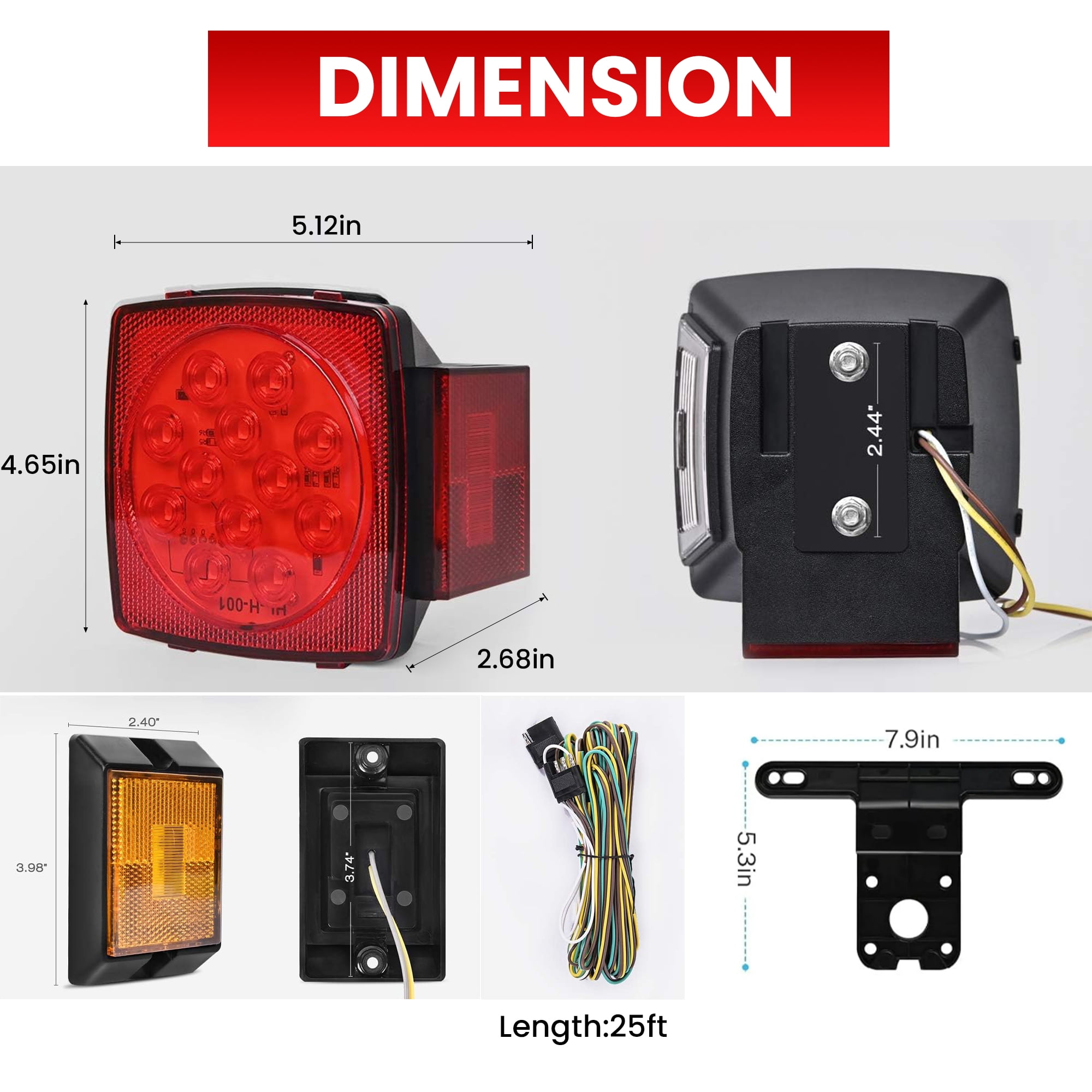 DAYBETTER 12V LED Trailer Light Kit, Submersible Waterproof Tail Lights for Boat RV Truck (Red, 25 ft Harness) movis