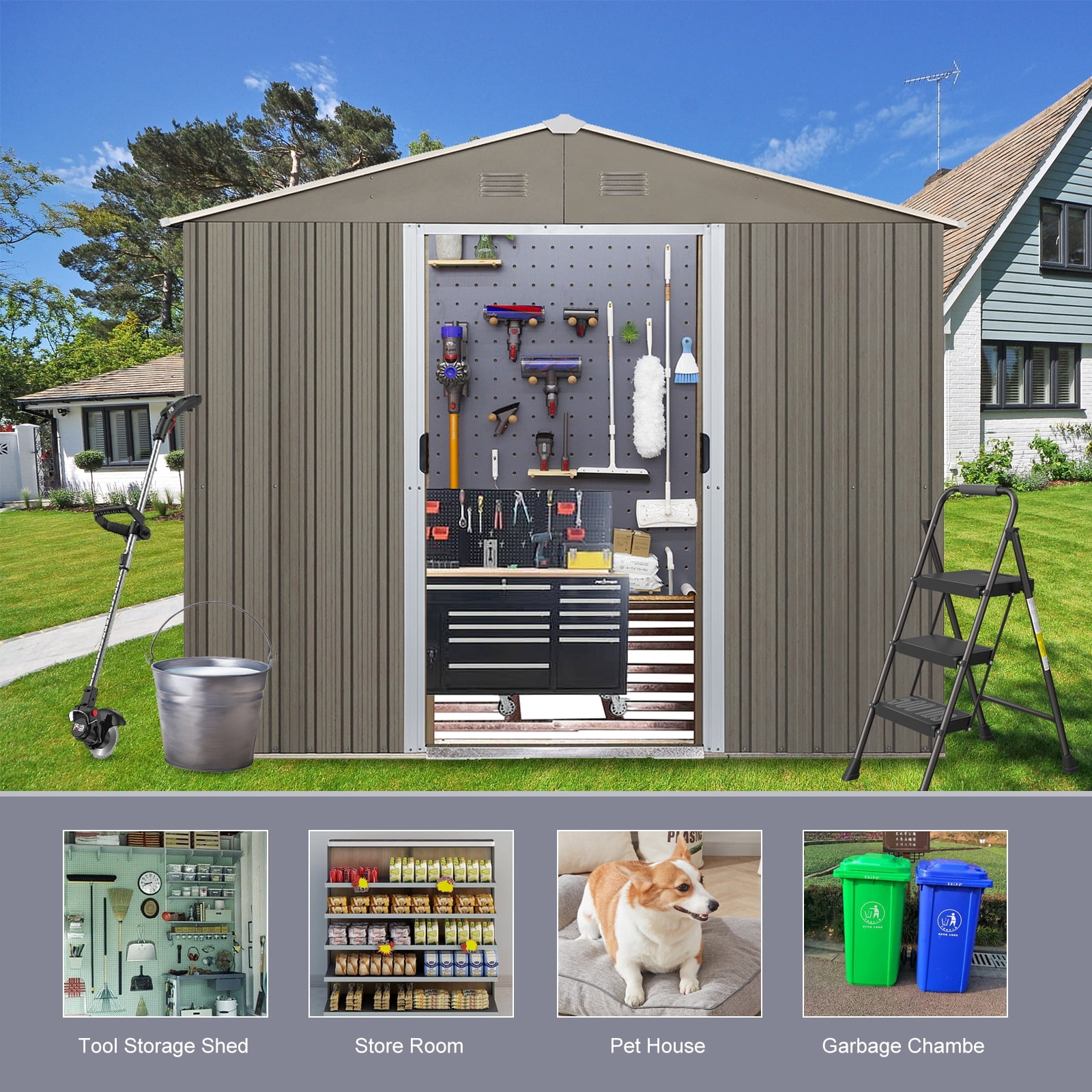 LofyJoy Metal Outdoor Storage Shed, Weather-Resistant Backyard Garden Tool Organizer with Lockable Sliding Doors and Vents (Grey, 8 ft x 10 ft) fm73f