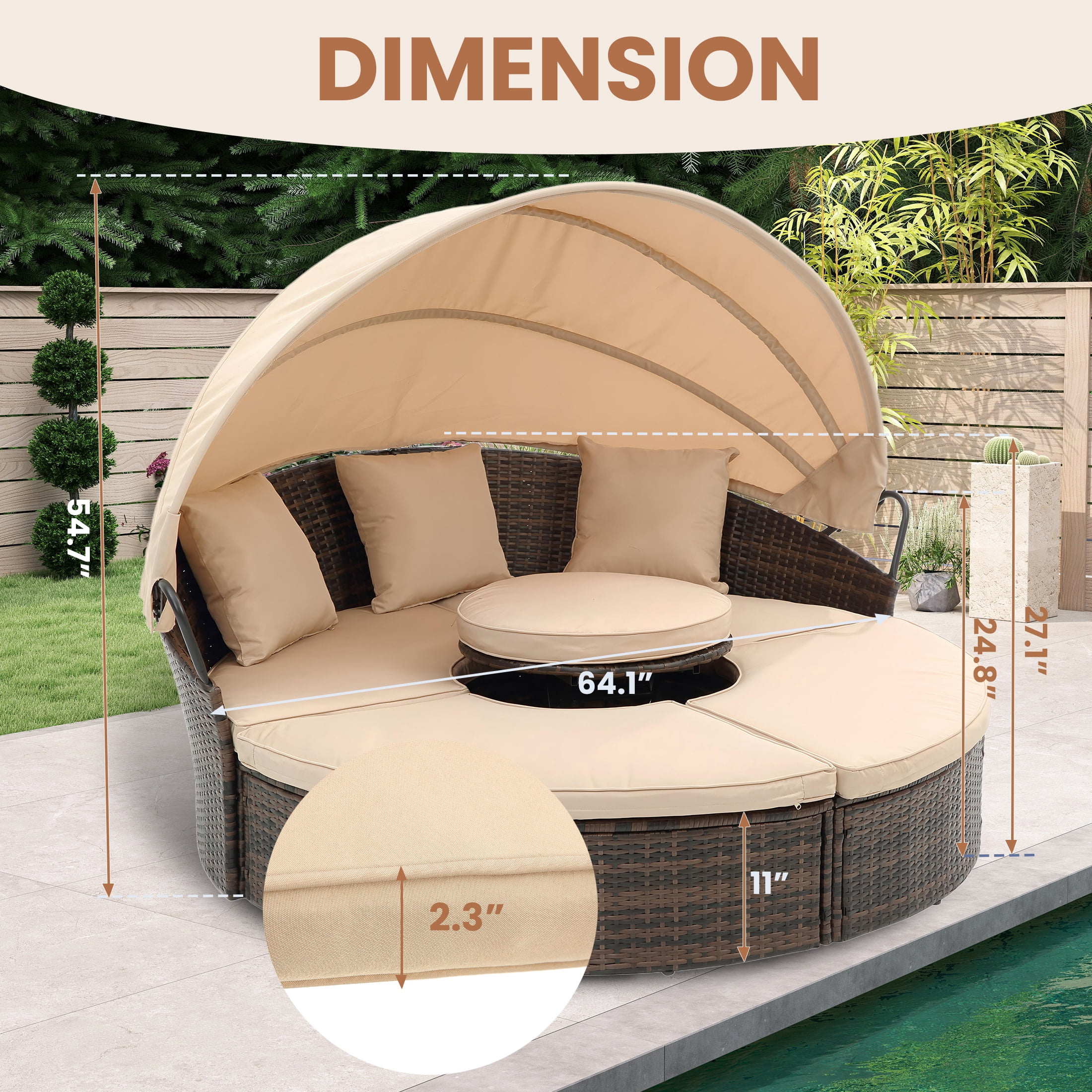 Seizeen 4-Piece Outdoor Patio Daybed with Retractable Canopy, Rattan Wicker Sectional Conversation Set with Lifting Ottoman Table (Khaki, 4-Piece) rnj6u