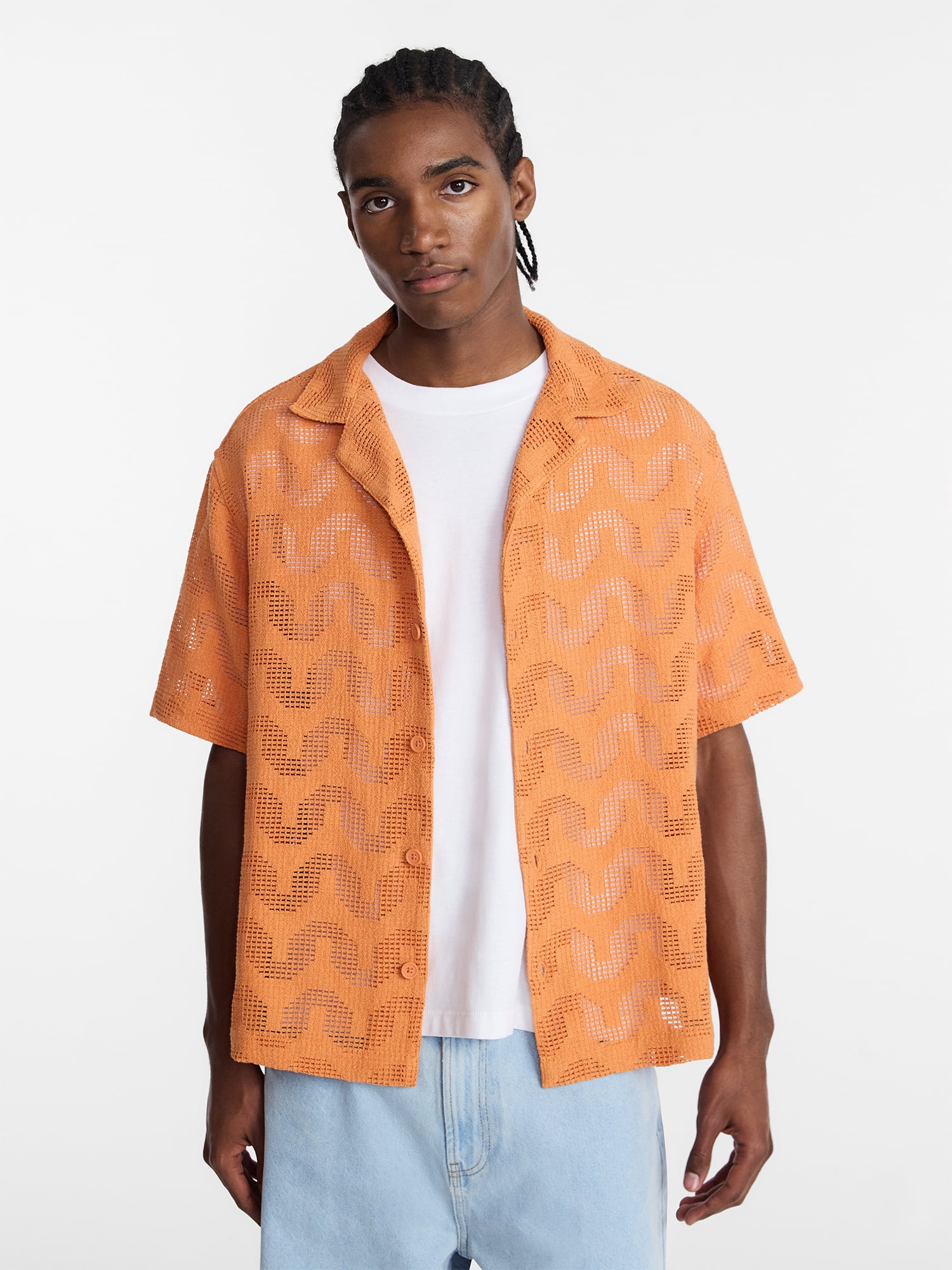 No Boundaries Men's Textured Wave Resort Shirt Short Sleeve (Gold, XS) ls63e