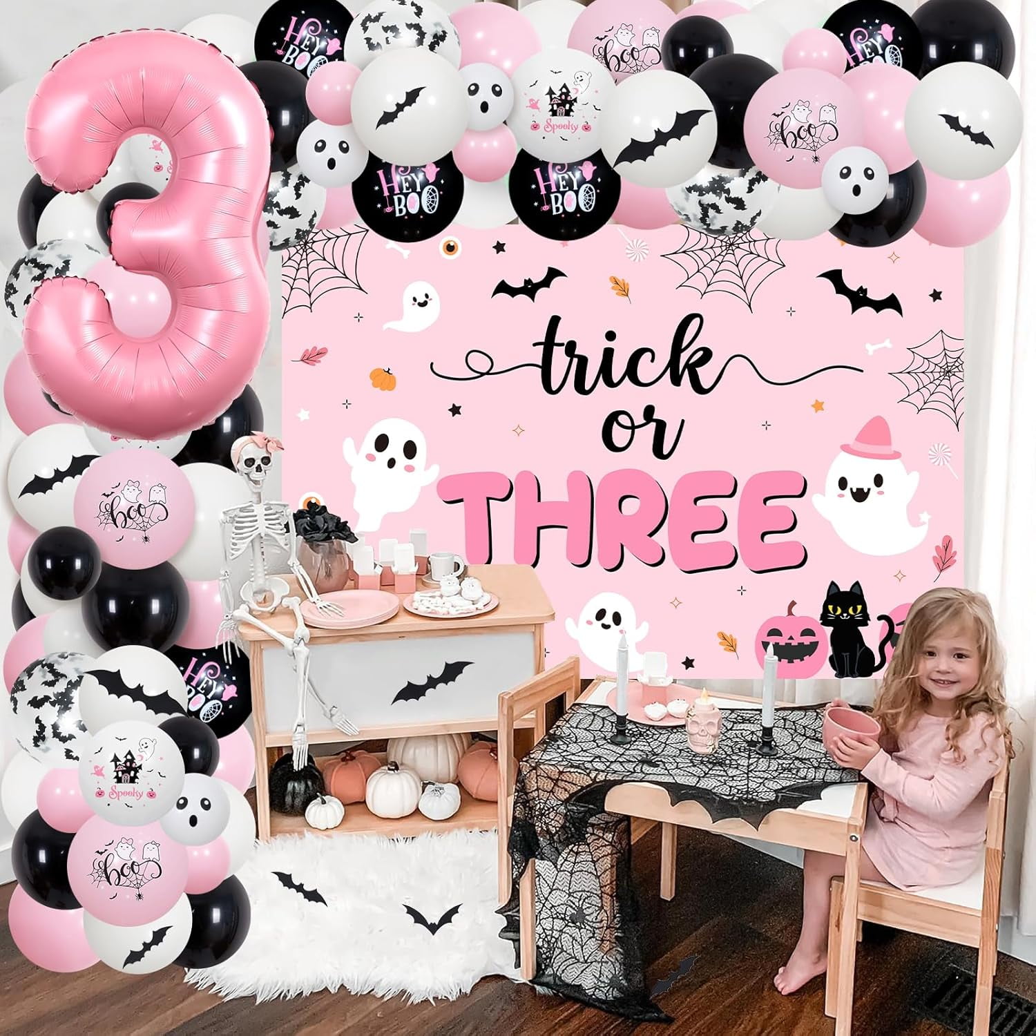 Cheereveal Halloween 3rd Birthday Party Decorations Trick Or Three Balloon Garland Arch Kit (Pink, 185 Piece Set) 0g87g