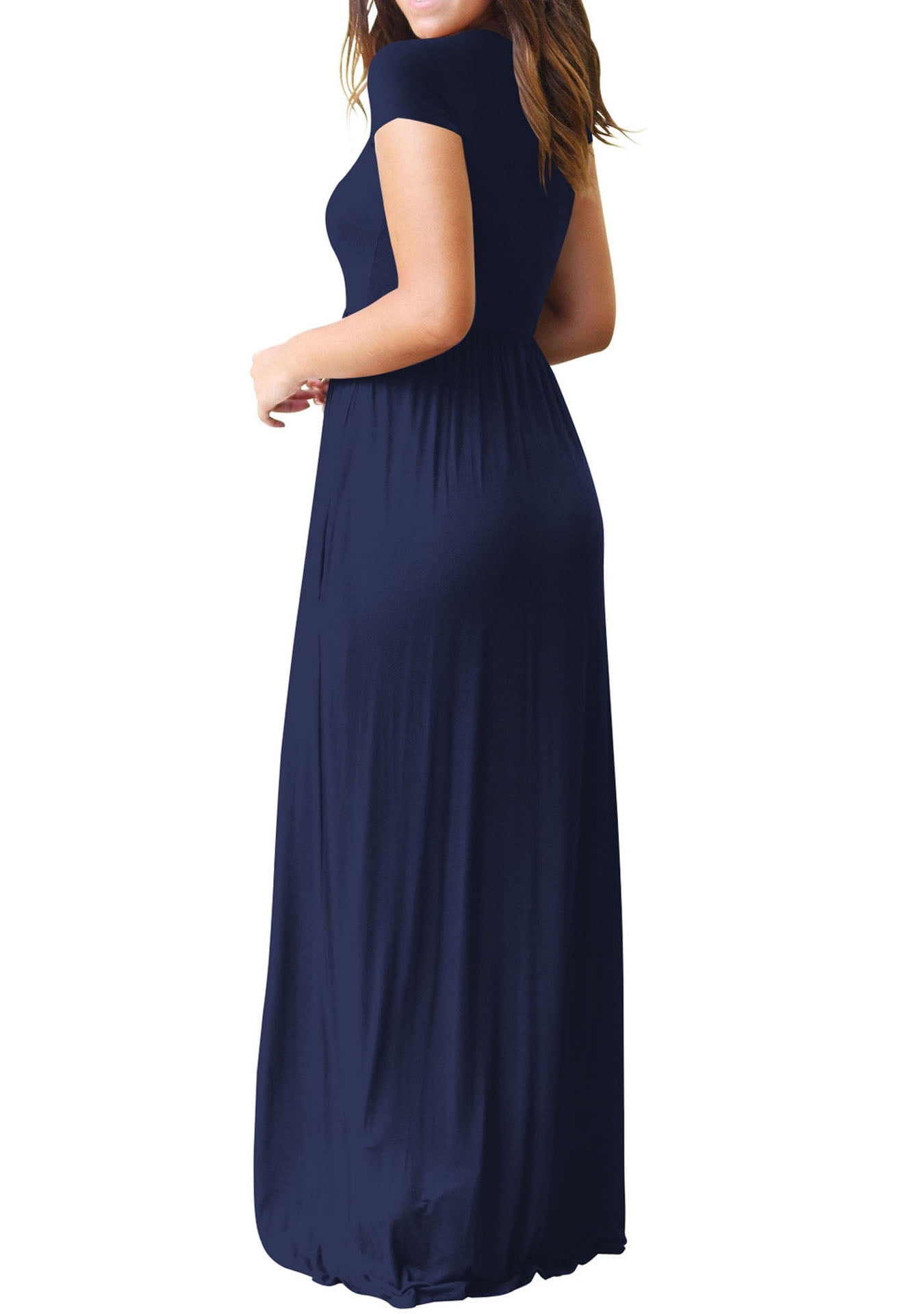 Mengpipi Women's Short Sleeve Maxi Dress Casual Loose Fit with Pockets (Navy Blue, M) 9y28z