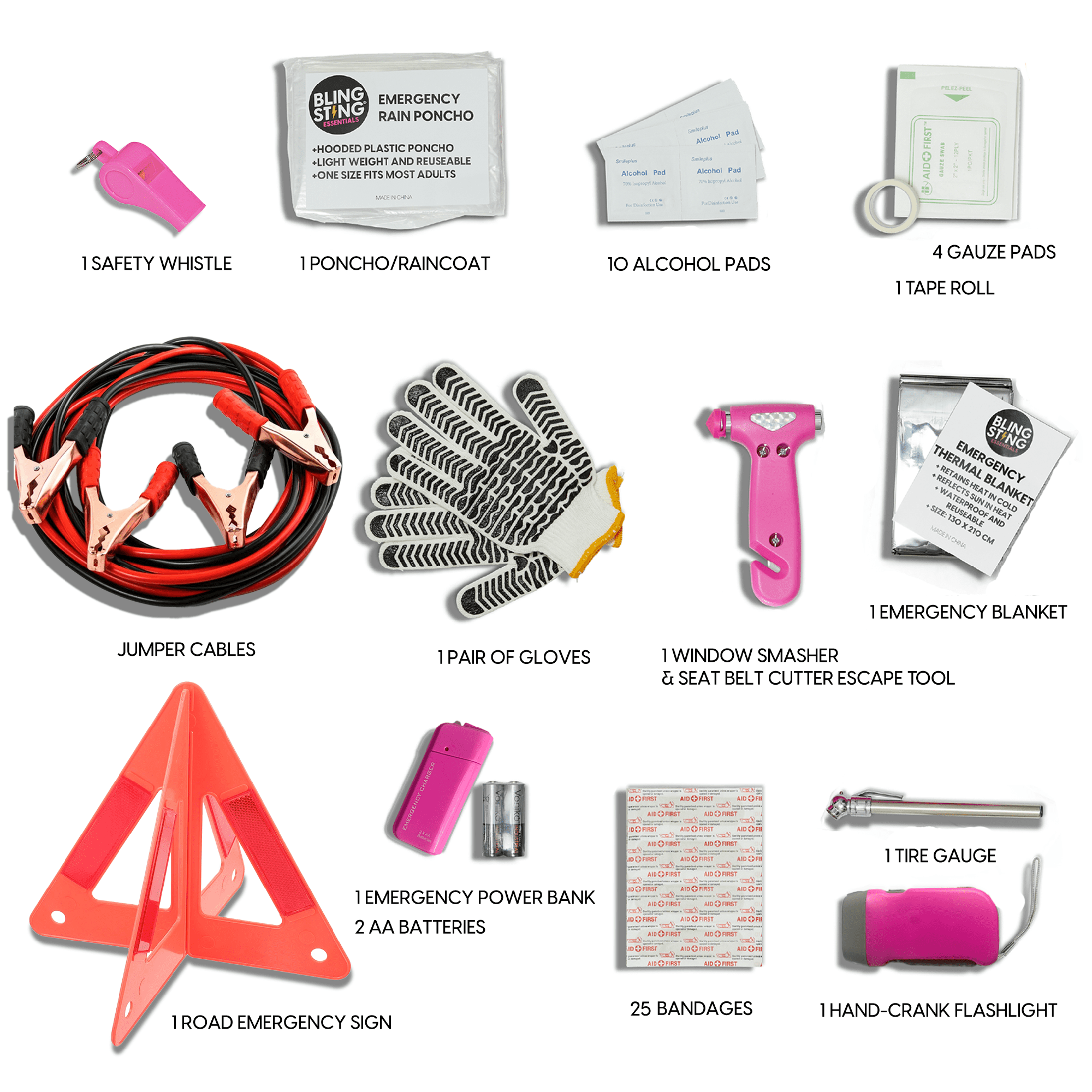 BLINGSTING Supercharged Roadside Emergency Kit for Drivers (Pink, 52-Piece Set) xh85g