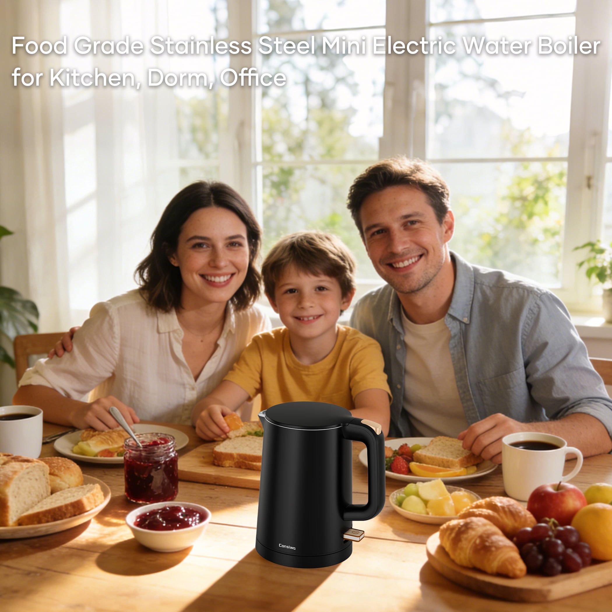 Consiwa Electric Kettle, Double Wall Stainless Steel Water Boiler, Quick Boil Mini Tea Pot with Auto Shut Off (Black, 27 fl oz) vw2d3