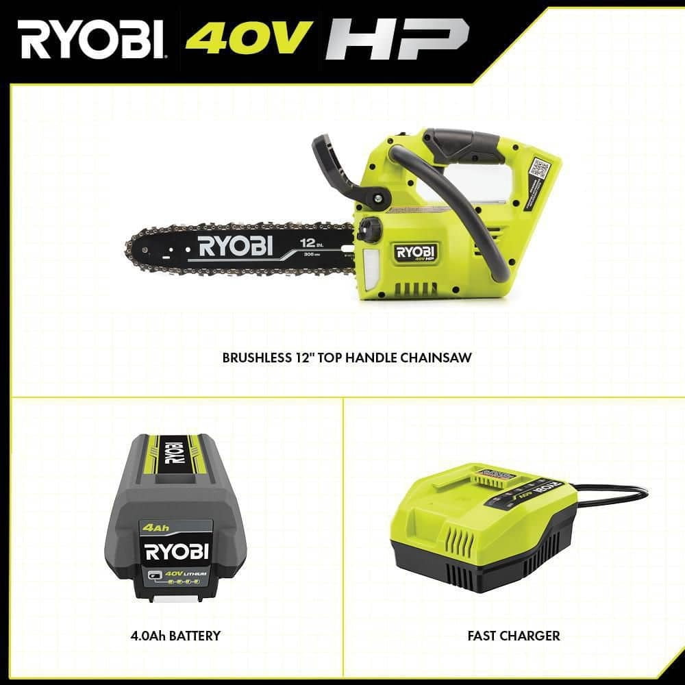 Ryobi 40V HP 12 in. Cordless Chainsaw, High-Performance Brushless Motor with Top Handle Design (4Ah Battery and Charger Included) bdxoe