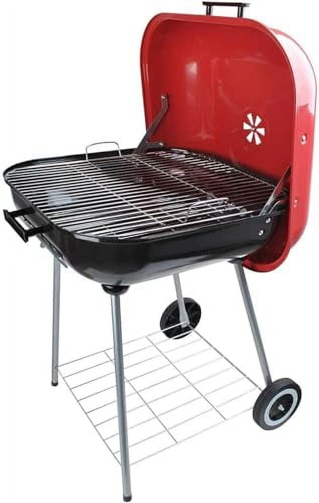 Classic Large Square Charcoal Barbecue Kettle Grill with Wheels (Red, 22 in) jsrlv