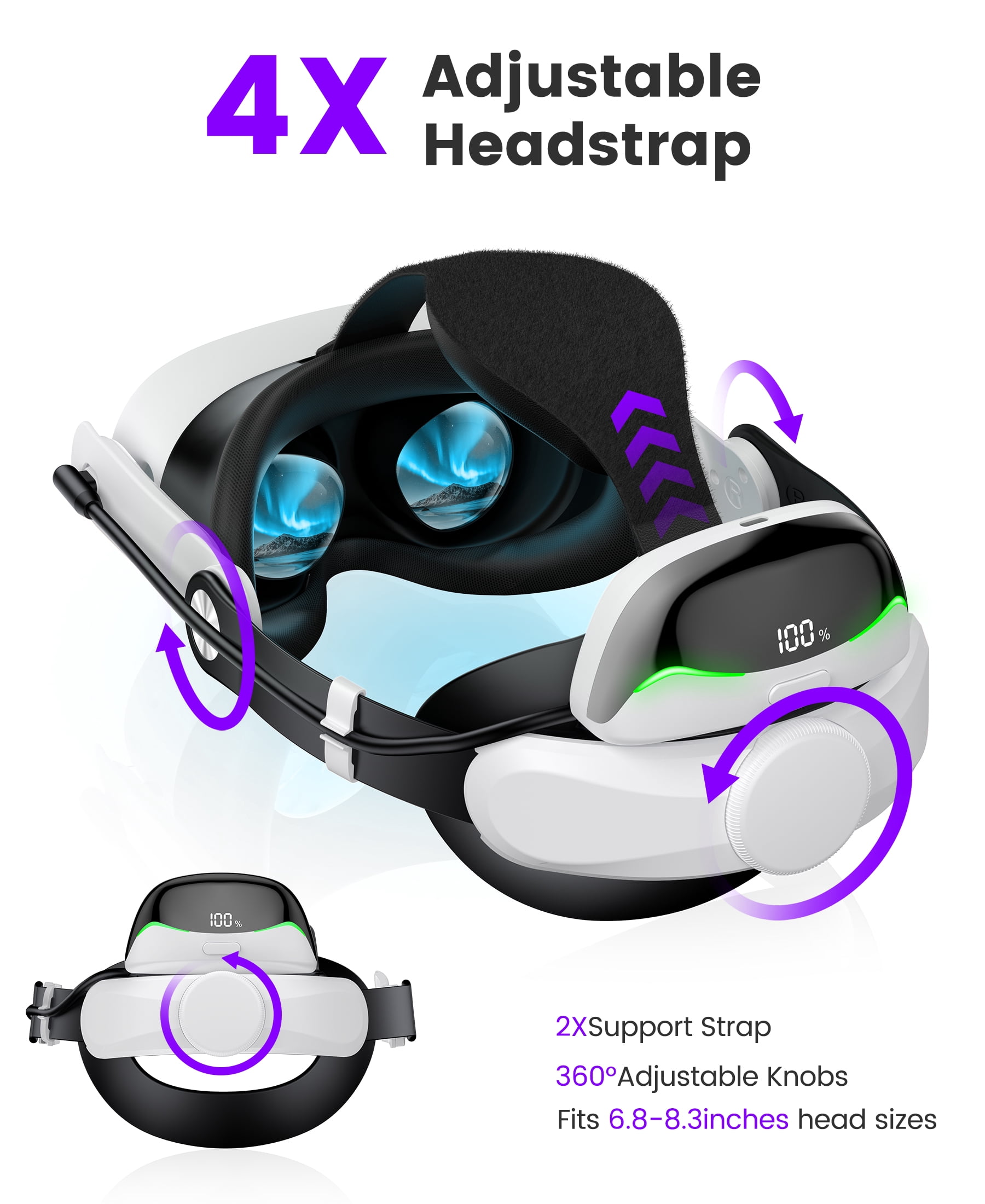 QQV VR Headset Strap for Meta Quest 3/3S/2 with Dual Magnetic Battery Packs and Charging Station (White, 20000mAh) my5q5
