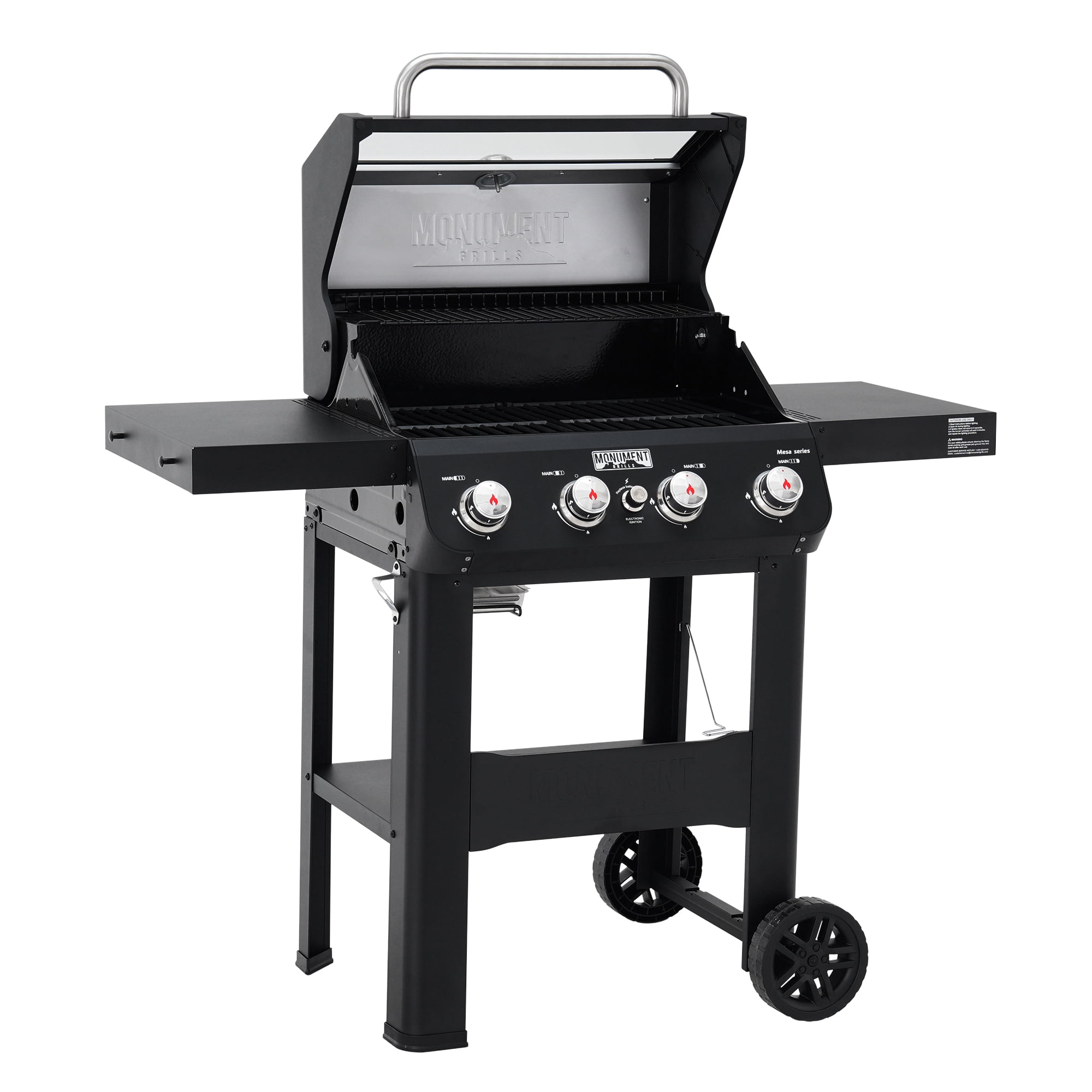 Monument Grills 4-Burner Liquid Propane Gas Grill, Stainless Steel Outdoor BBQ with Clearview Lid and Foldable Side Shelf (Black, 570 sq. in.) is2t4