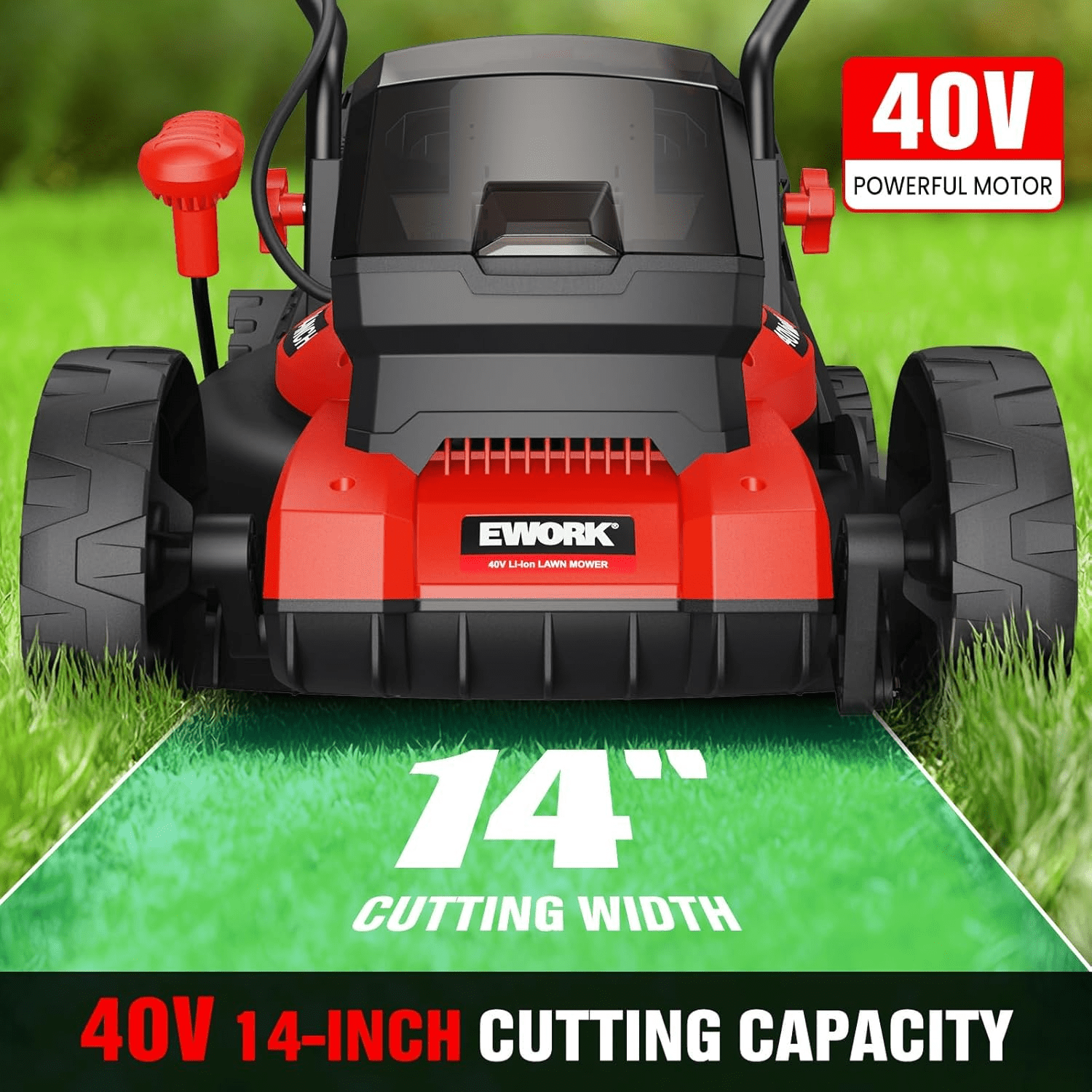 EWORK 40V Cordless Electric Lawn Mower, Lightweight Push Mower with 2 Batteries & Charger (Red, 14 in) r61g7