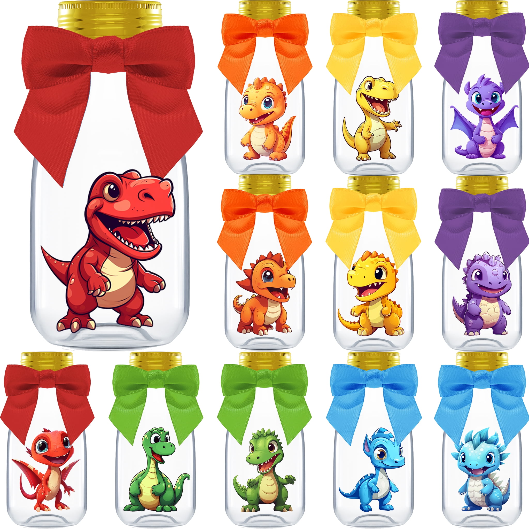 Ethisa Dinosaur Party Favor DIY Candy Jars with Ribbons and Stickers (Gold, 12 Pack, 4 fl oz) fbhbq