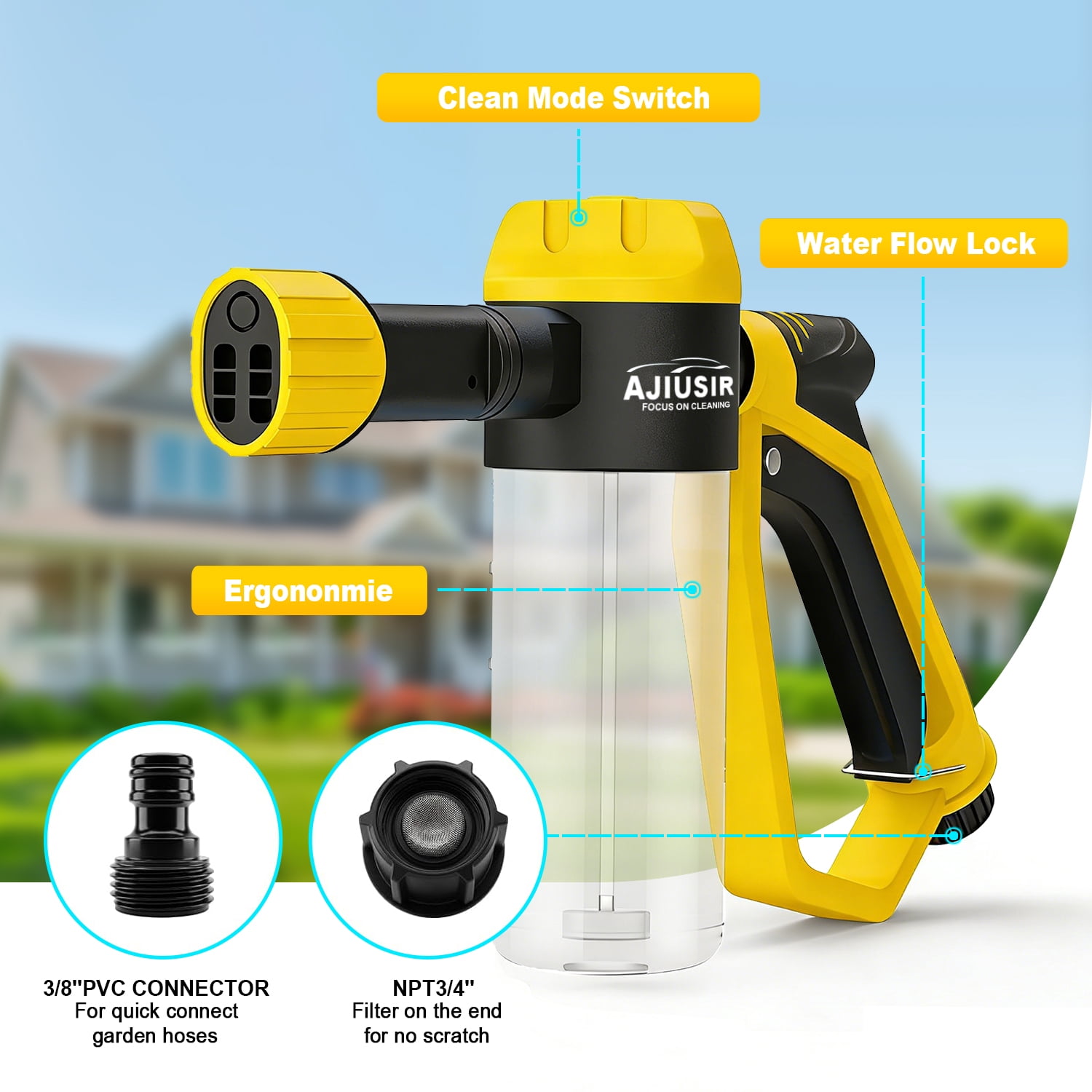 AJIUSIR Adjustable High Pressure Foam Gun Car Wash Kit with Microfiber Wash Mitt (Yellow, 1 Pack) fbw1b