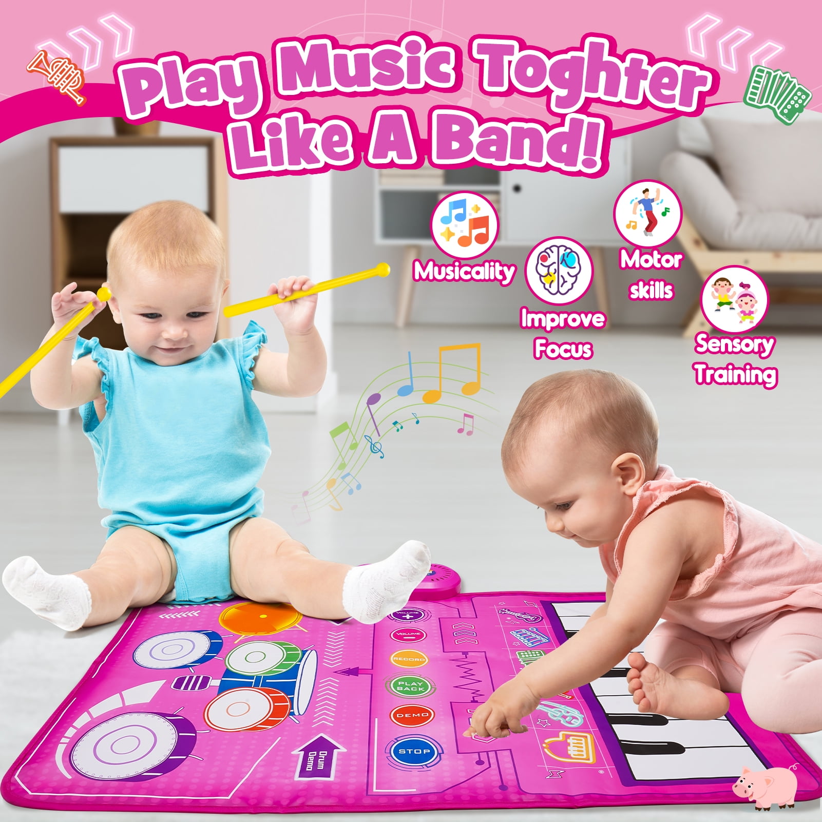 Dreamingbox Musical Piano Mat for Toddlers, Interactive Keyboard and Drum Floor Play Mat (Pink, 39 in x 14 in) kr23y