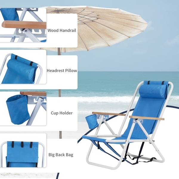 AsterOutdoor Portable Backpack Beach Chairs with Headrest and Cup Holder (Blue, 2 Pack) 6dfsc